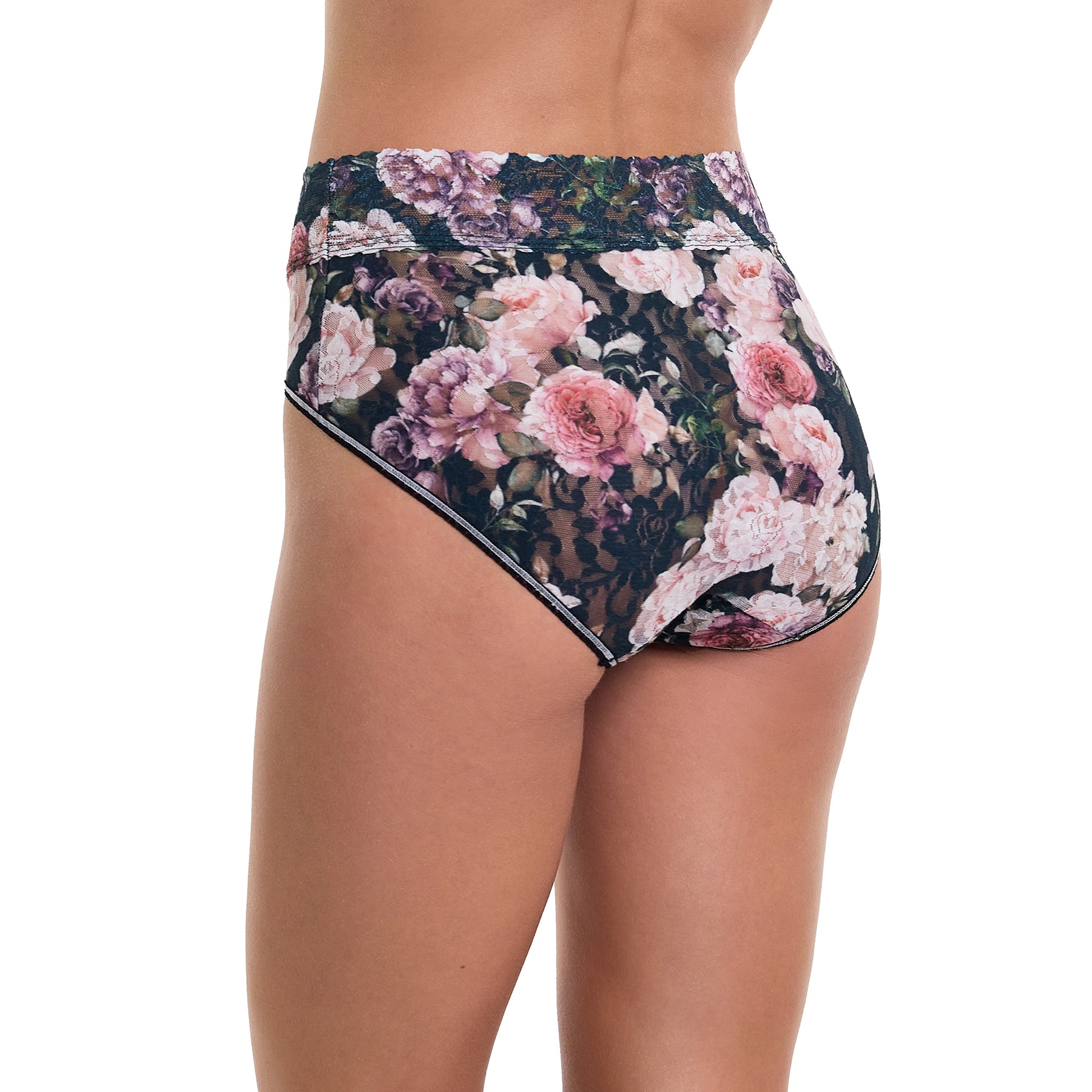 hanky panky printed lace high waist french brief in multi floral romantique on model rear view