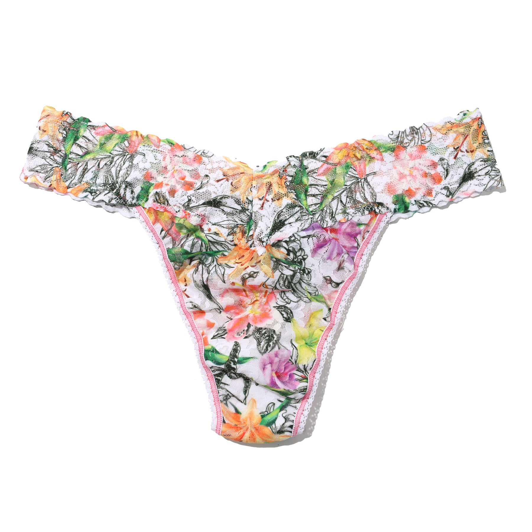 Hanky Panky printed lace original rise thong in botany; orange, purple, green multi floral on a white background. Front view without model.