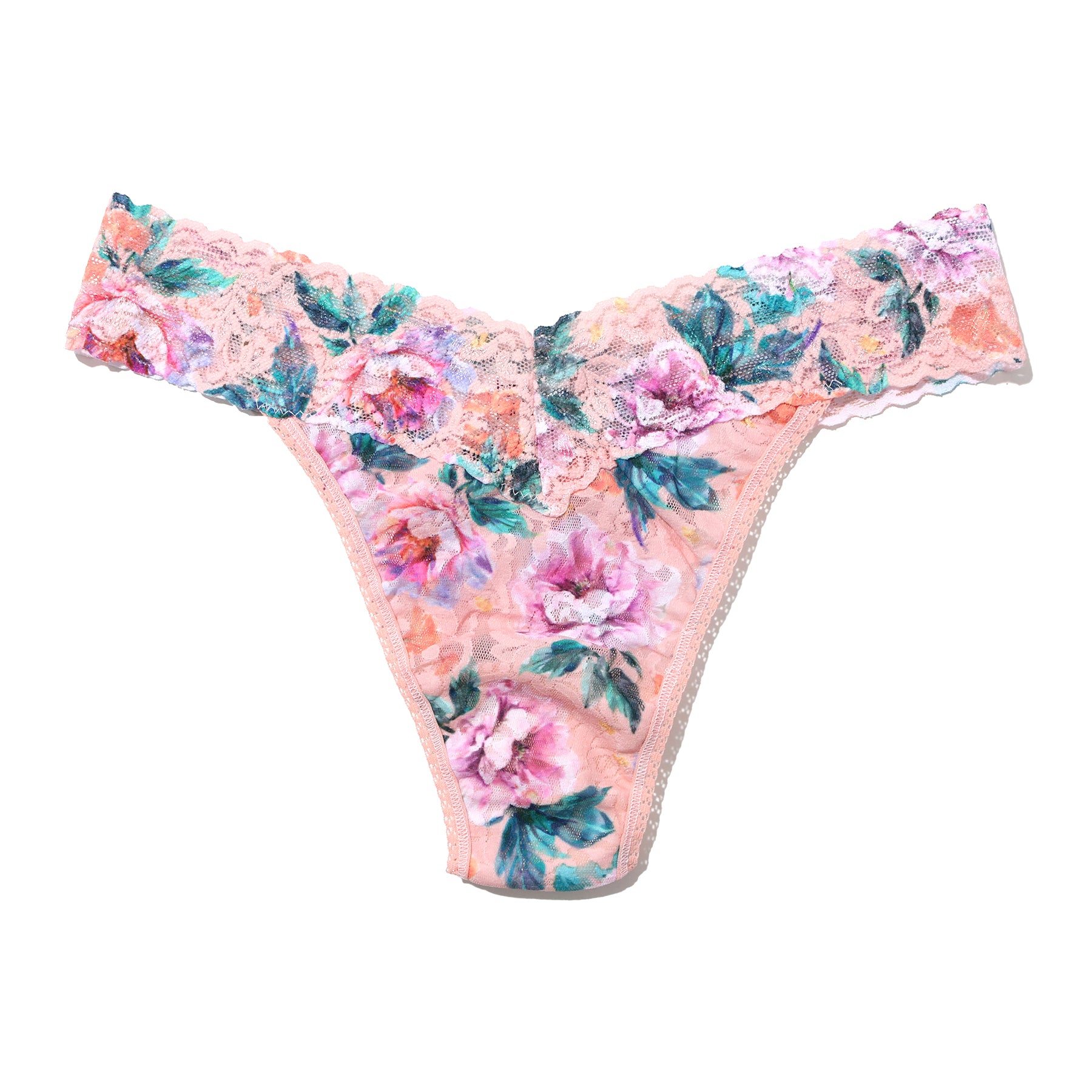 Hanky Panky Printed Original Rise Thong in Buy Myself Flowers – peach lace thong with bold multicolour floral print and signature V-front waistband.