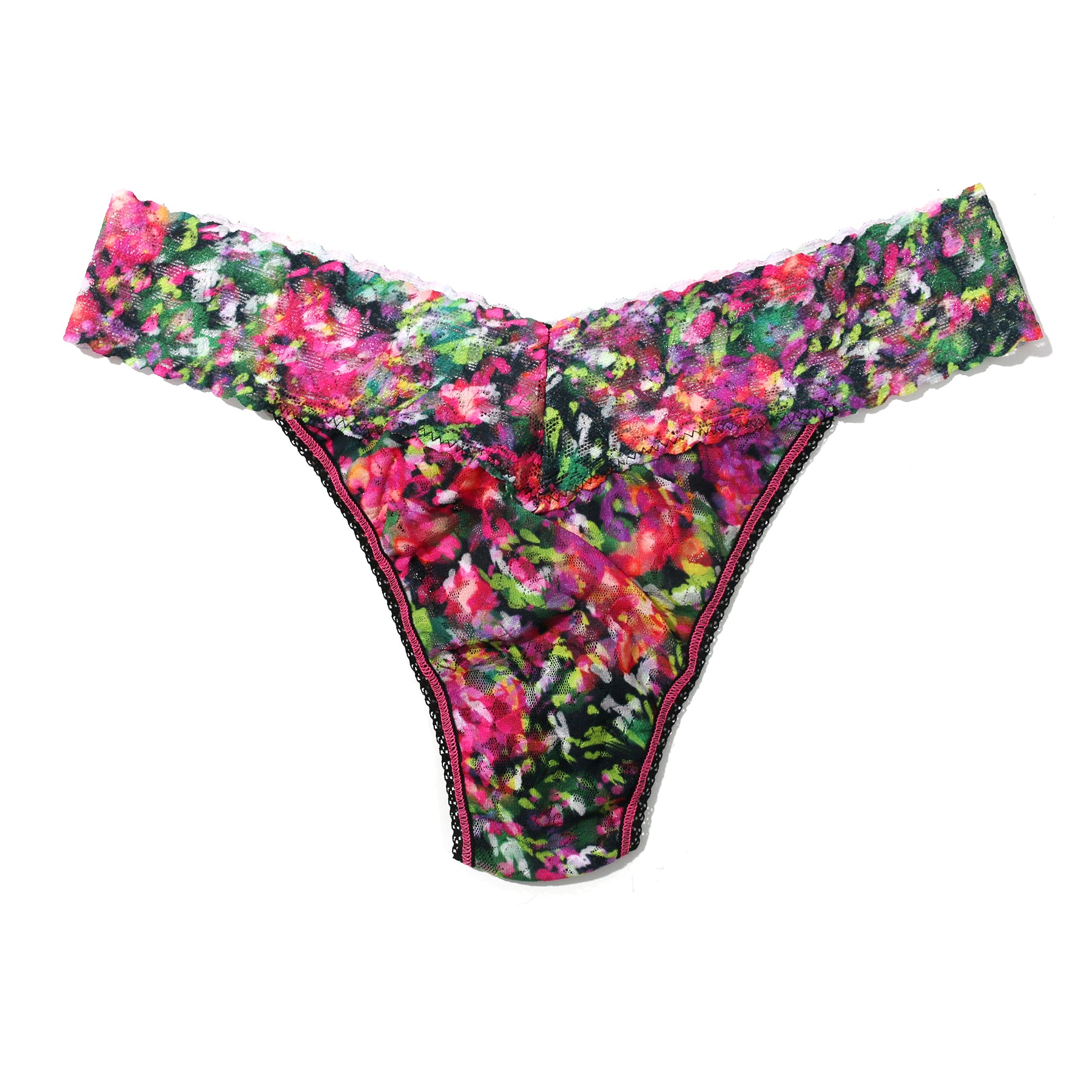 Original rise printed lace thong in Celebration multicolour floral print on a dark background. Front view without model.