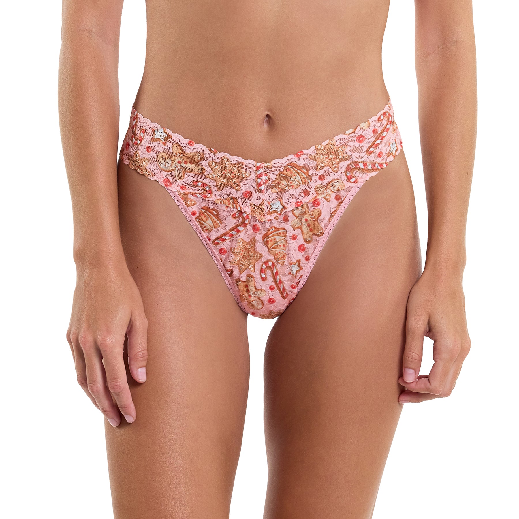 hanky panky printed lace original rise thong in candy cane gingerbread on model front view