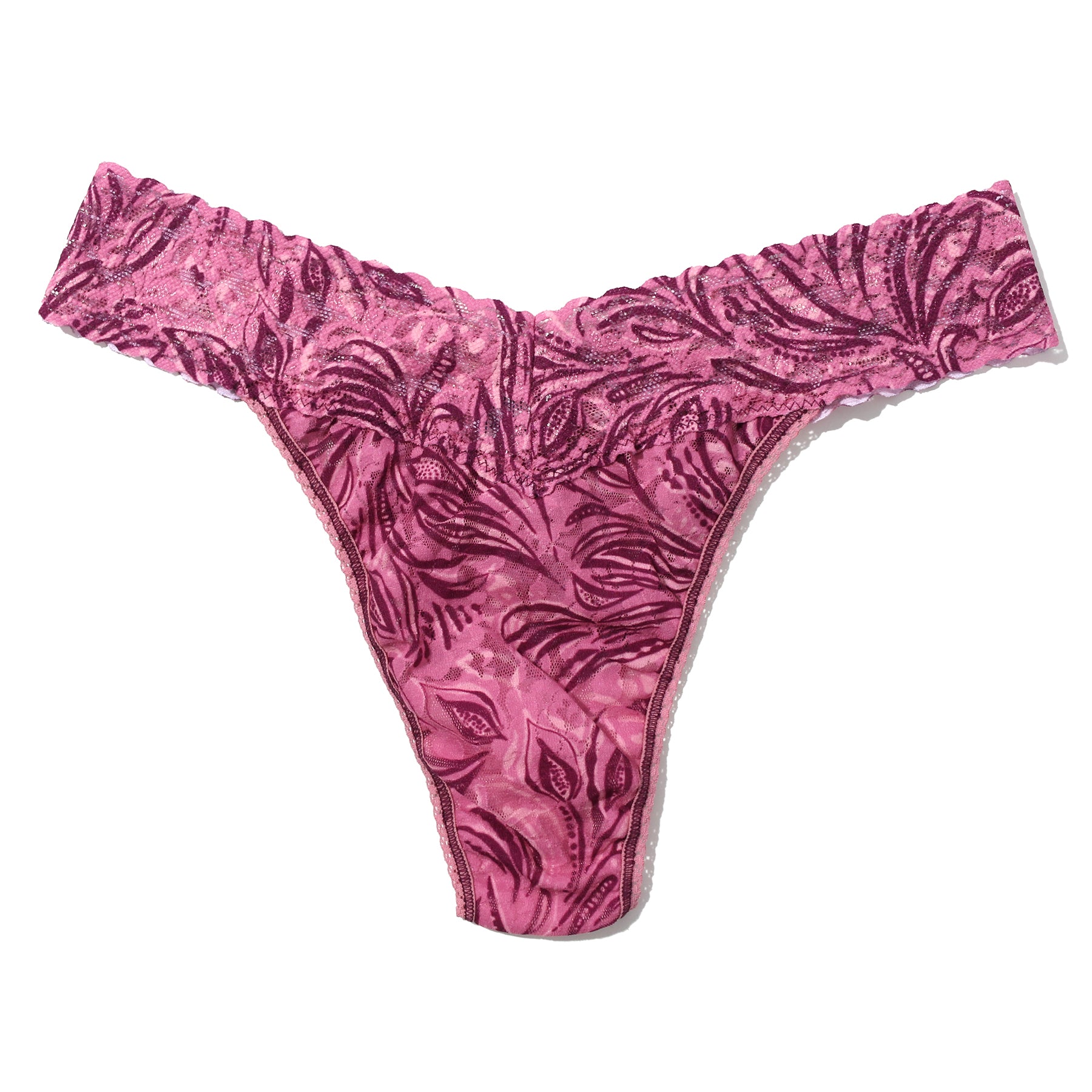 Hanky Panky Printed Original Rise Thong in In The Jungle – tropical-inspired pink lace thong with deep berry leaf print and soft stretch lace.