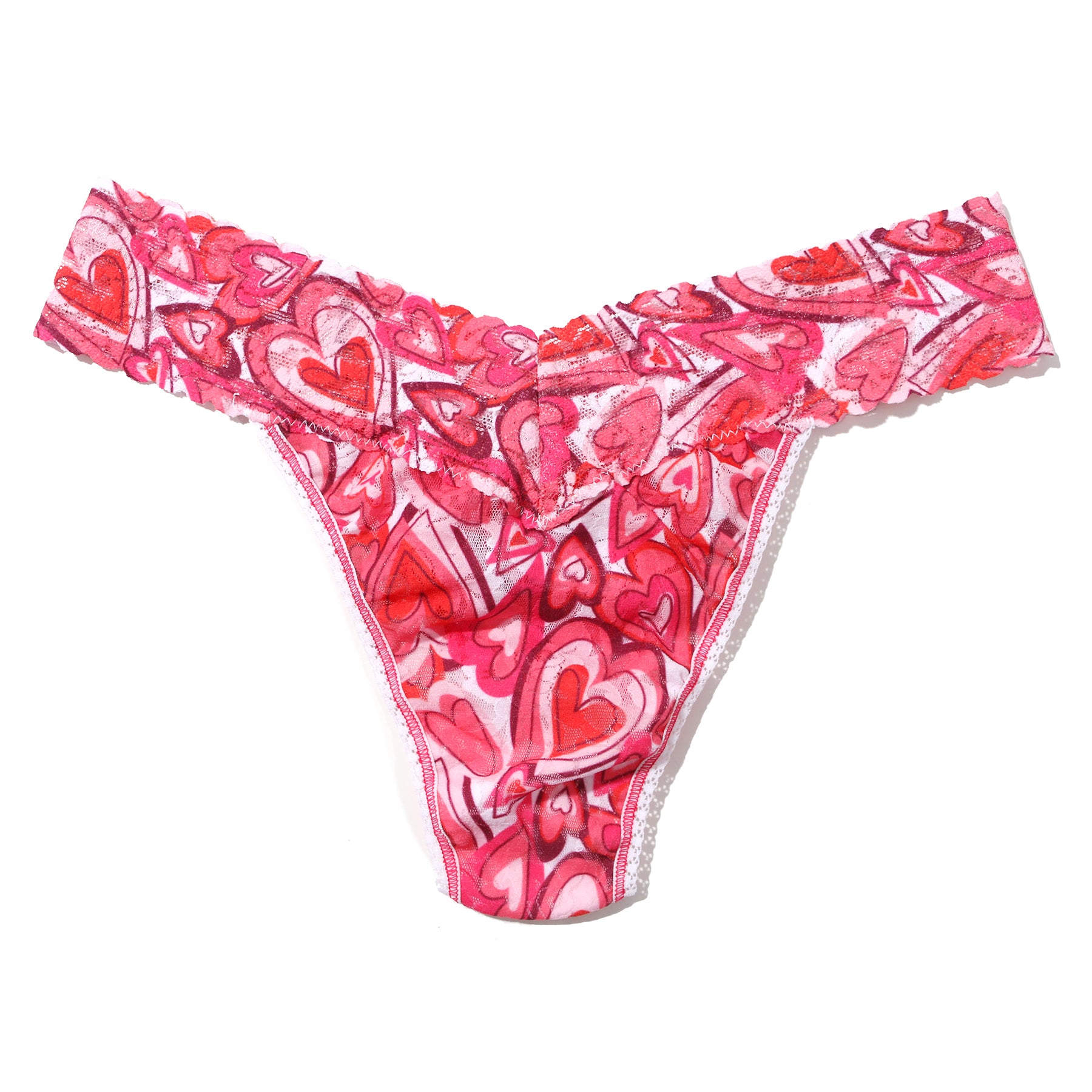 Lots of love pink and red heart printed lace original rise thong. Front view without model.