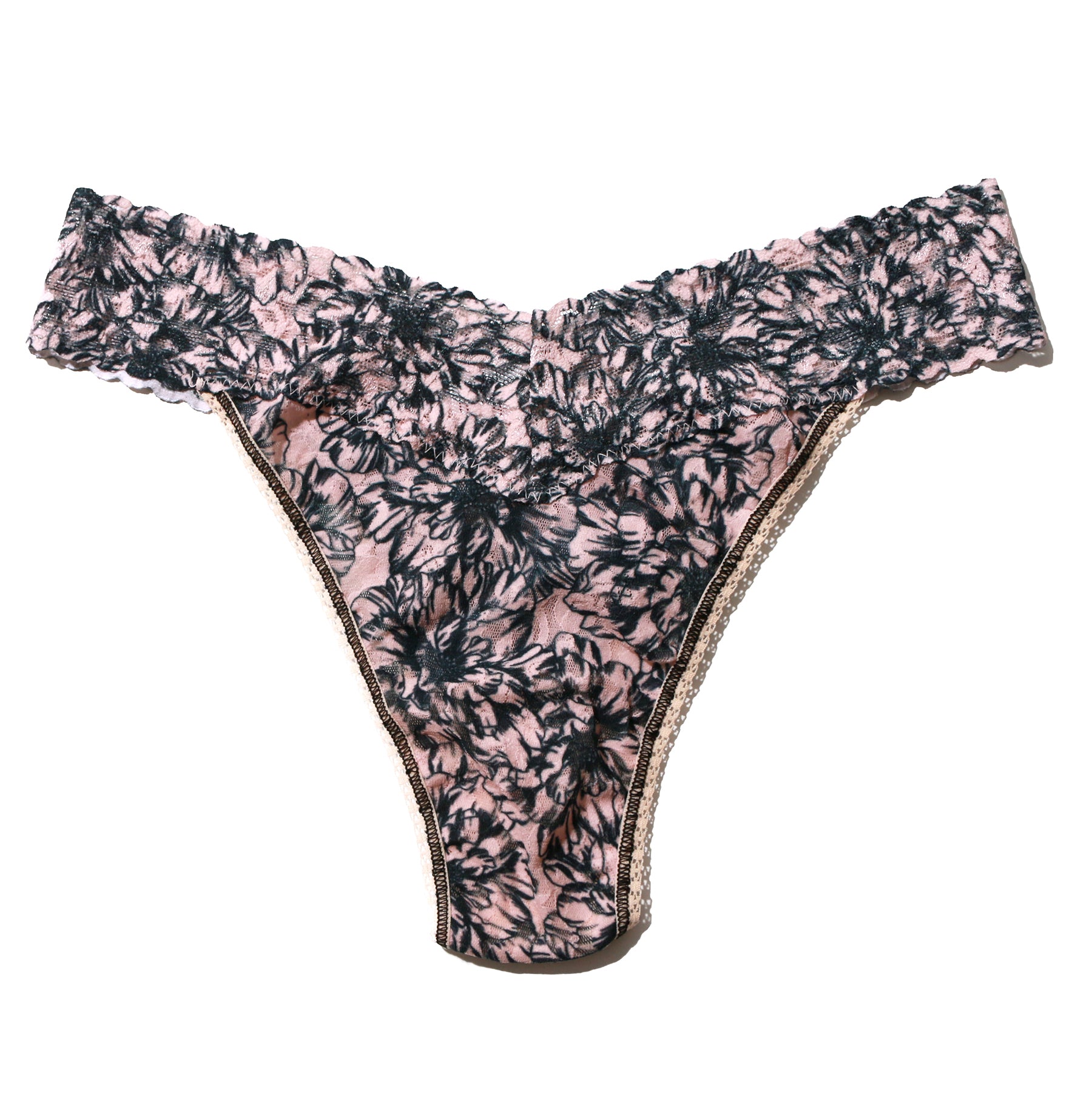 Original rise printed lace thong in Outline navy floral print on a peach background. Front view without model.