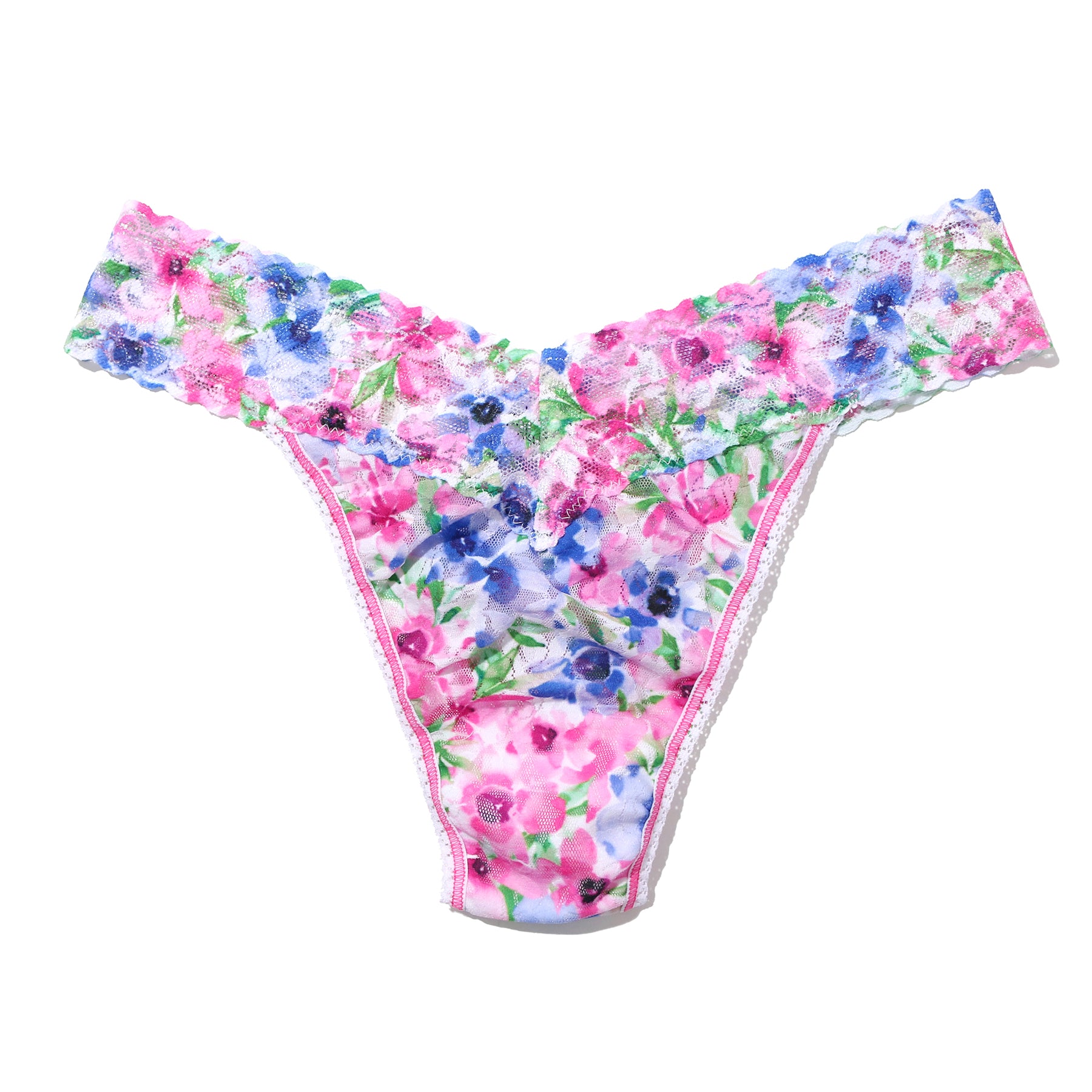 Hanky Panky printed lace original rise thong in paint and pour: pink, green and blue florals on a white background, flat lay without model.