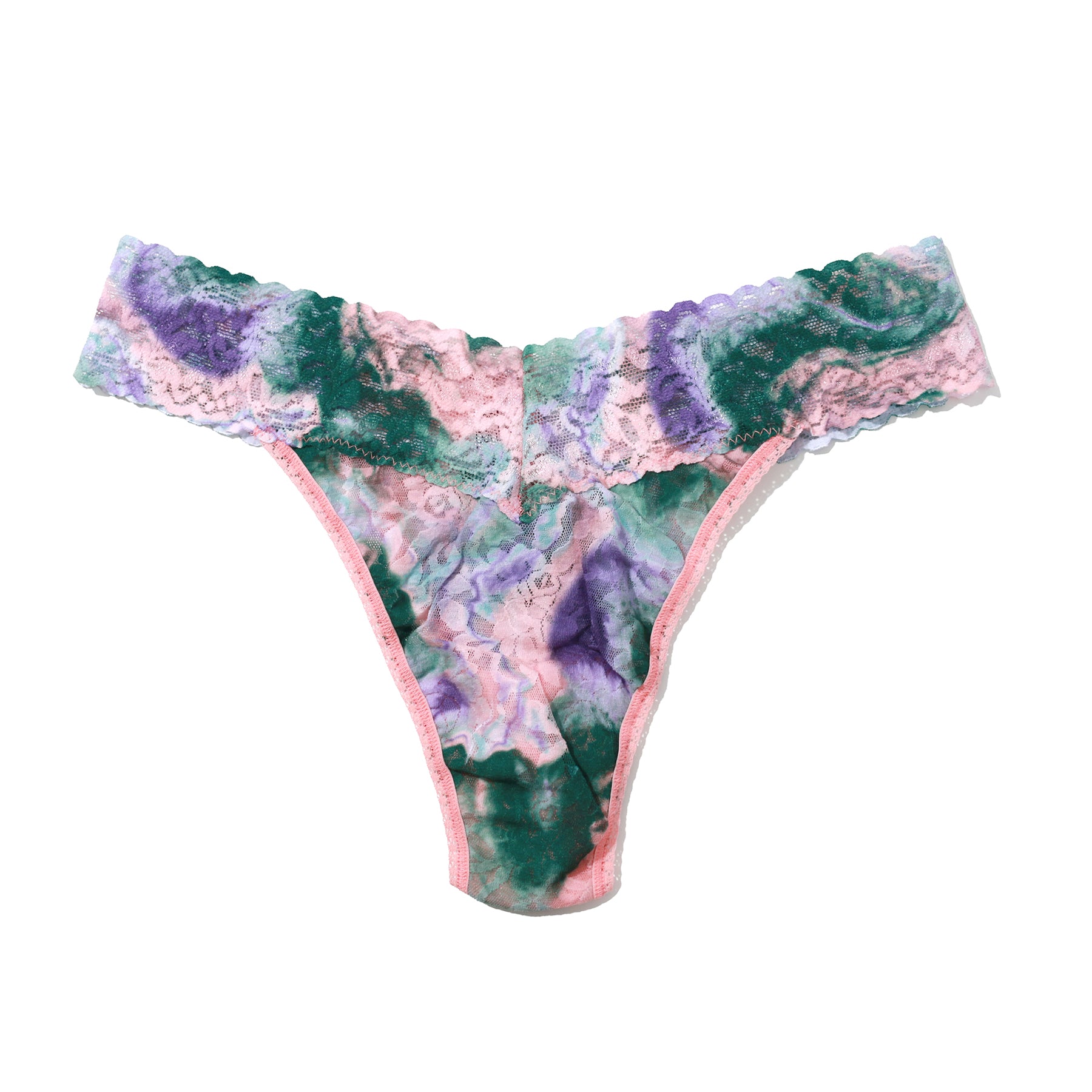 hanky panky printed lace original rise thong in tie dye pink green painter flat lay