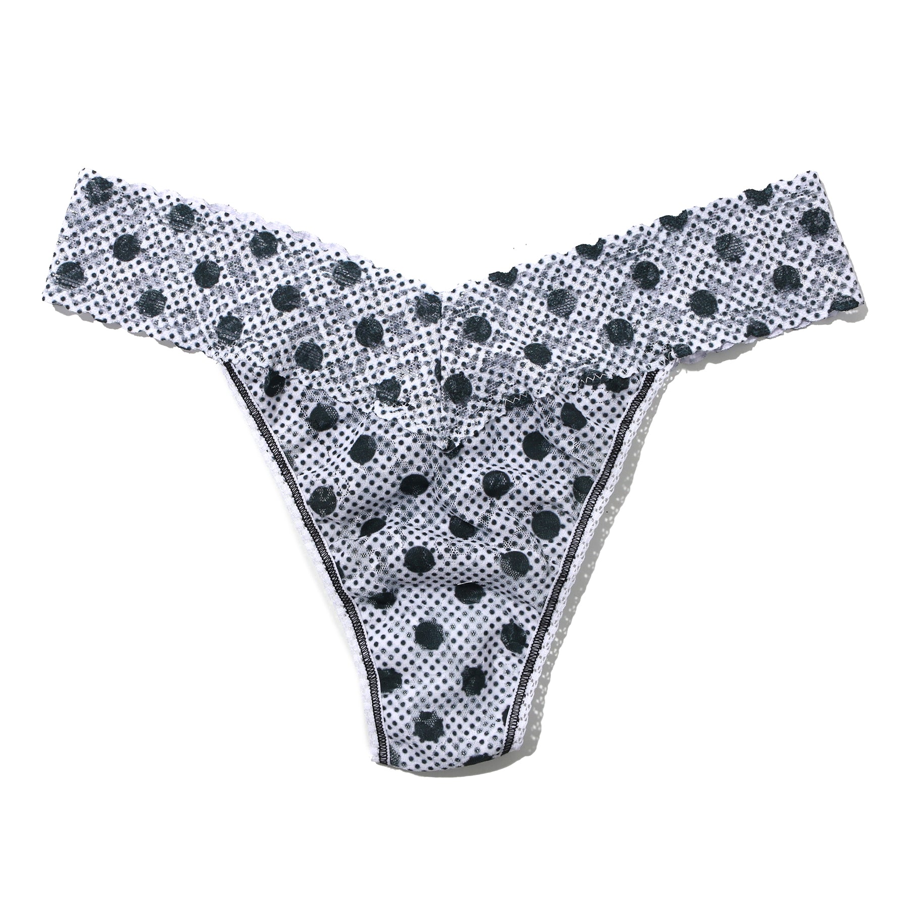 Original rise thong in Pinpoint black polka dot printed lace on white background. Front view without model.