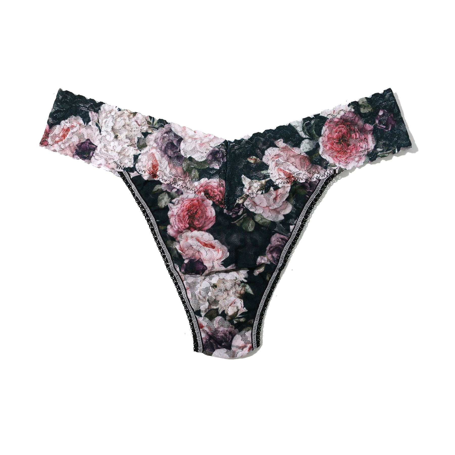 hanky panky printed lace original rise thong in floral peony romantique print on a dark background flat lay