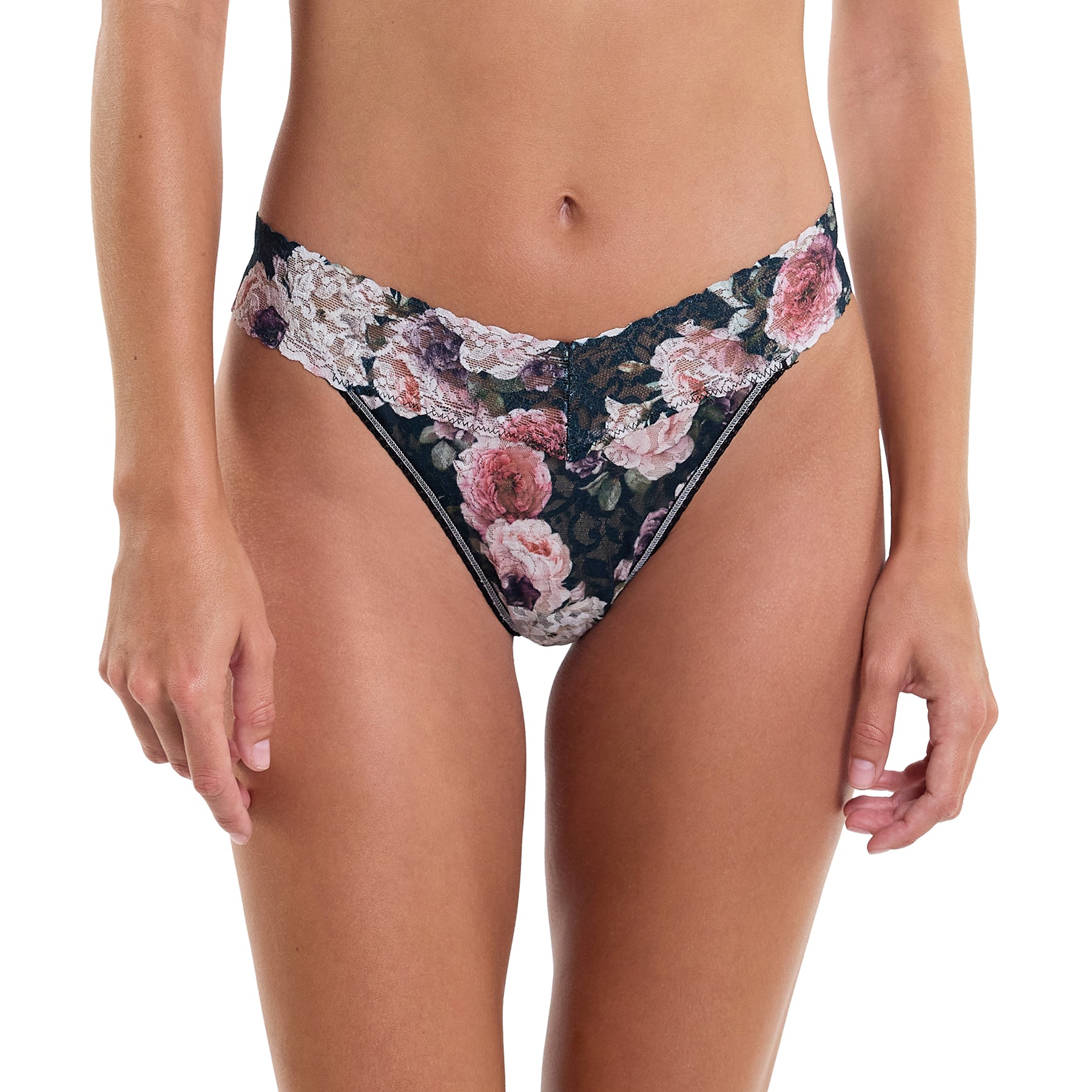 hanky panky printed lace original rise thong in floral peony romantique print on a dark background on model front view