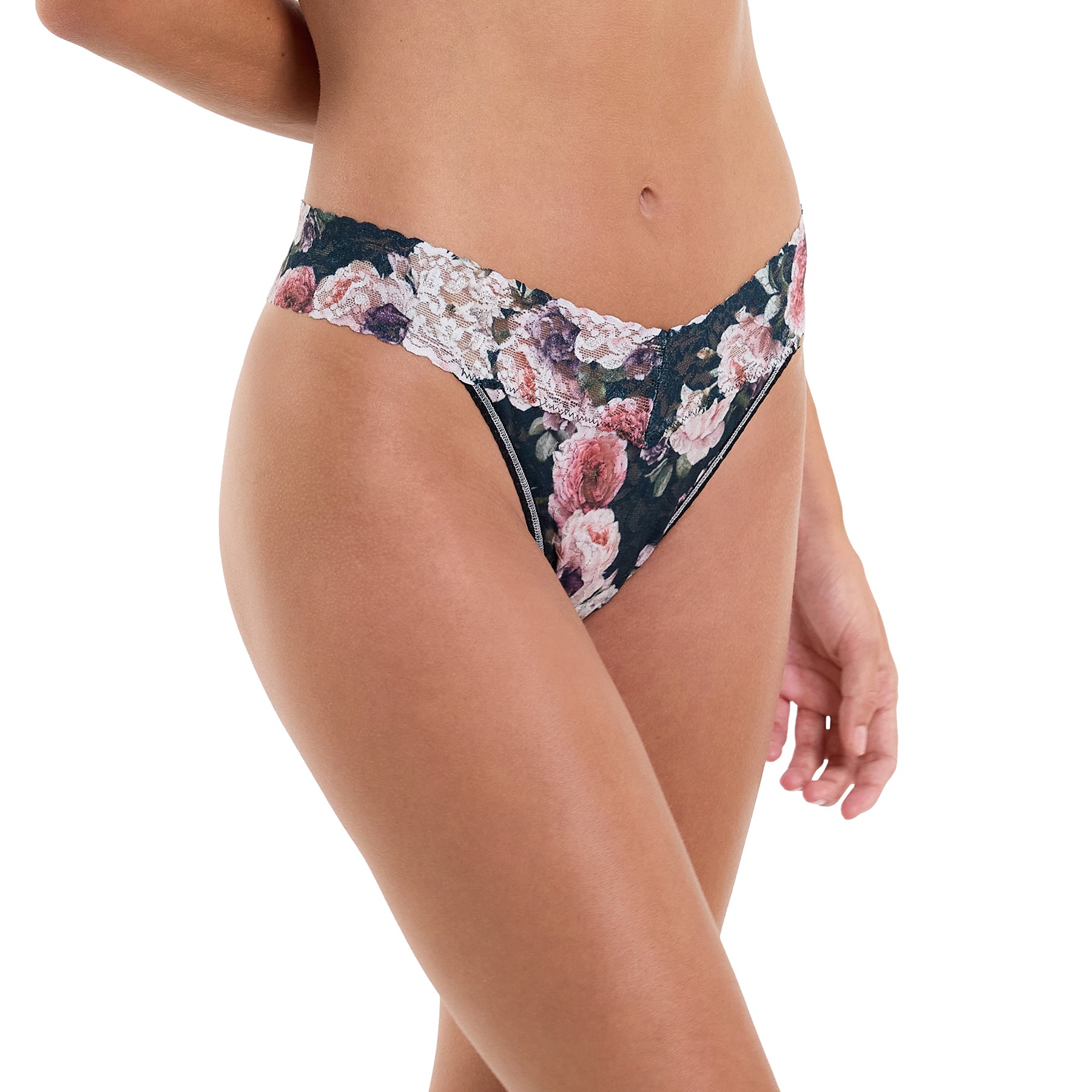 hanky panky printed lace original rise thong in floral peony romantique print on a dark background on model side profile