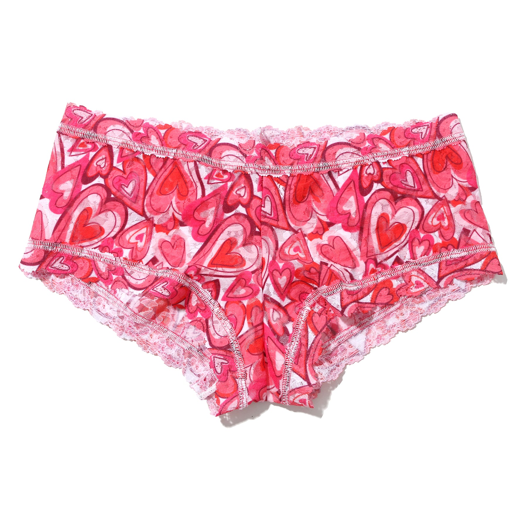 Lots of love pink and red heart printed lace shorty boyshort. Front view without model.