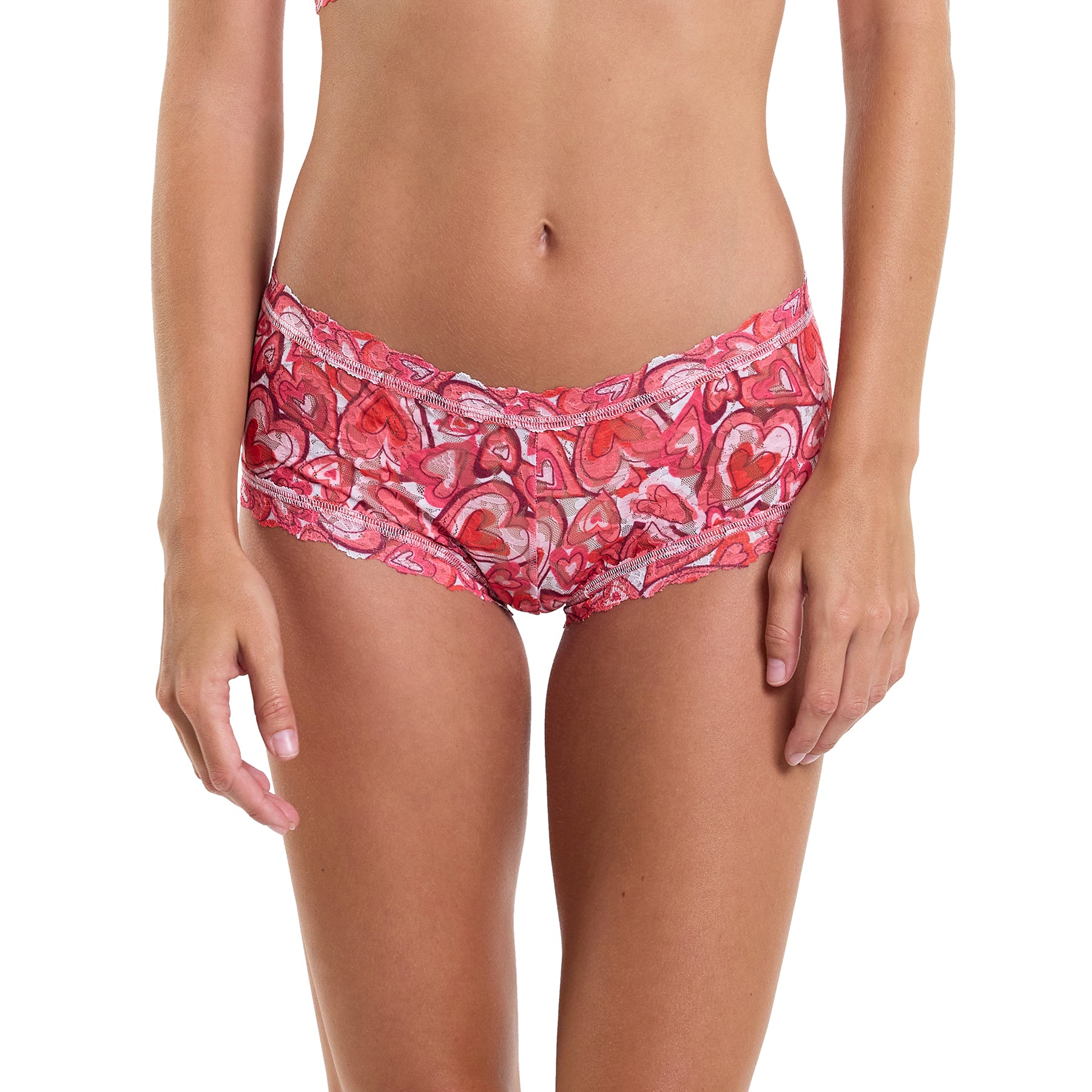 Lots of love pink and red heart printed lace shorty boyshort. Front view on model.