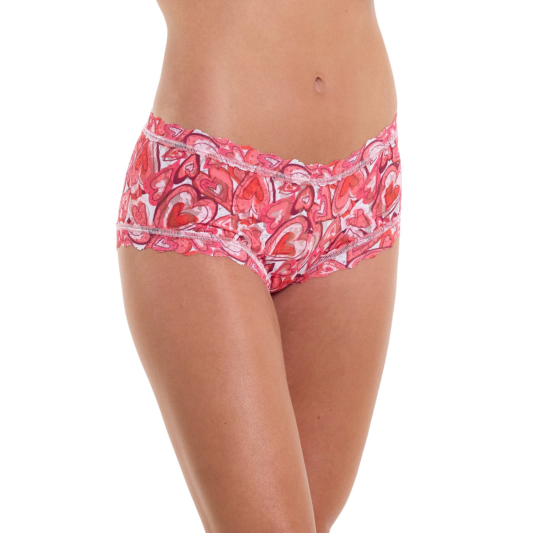 Lots of love pink and red heart printed lace shorty boyshort. Side view on model.