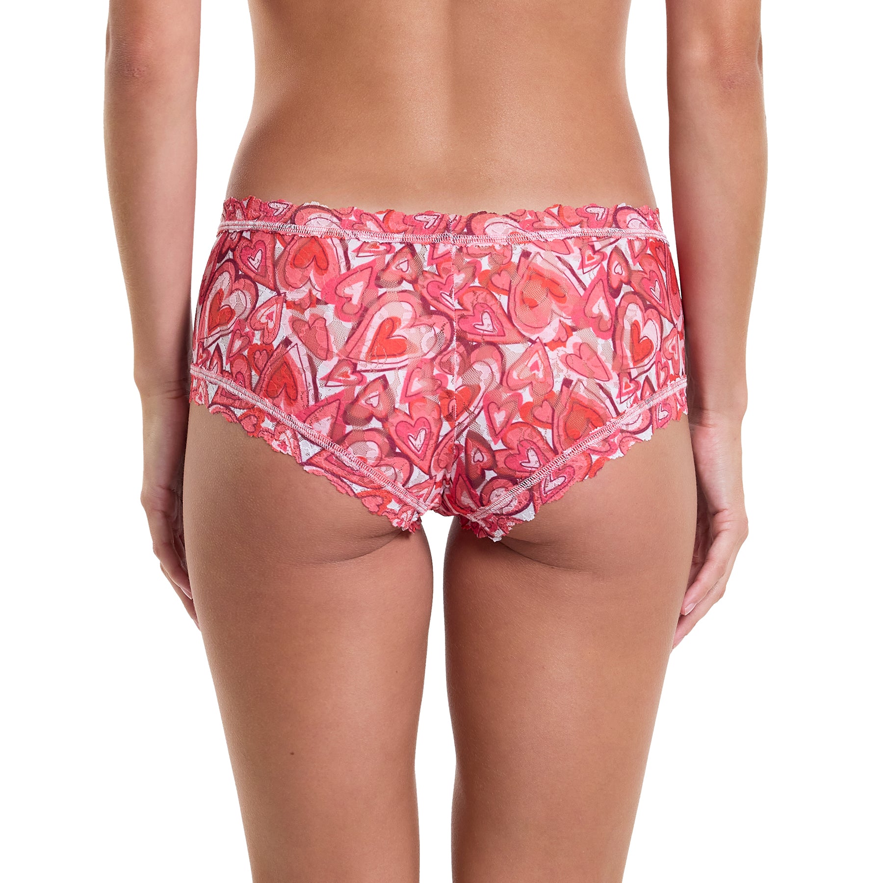 Lots of love pink and red heart printed lace shorty boyshort. Rear view on model.