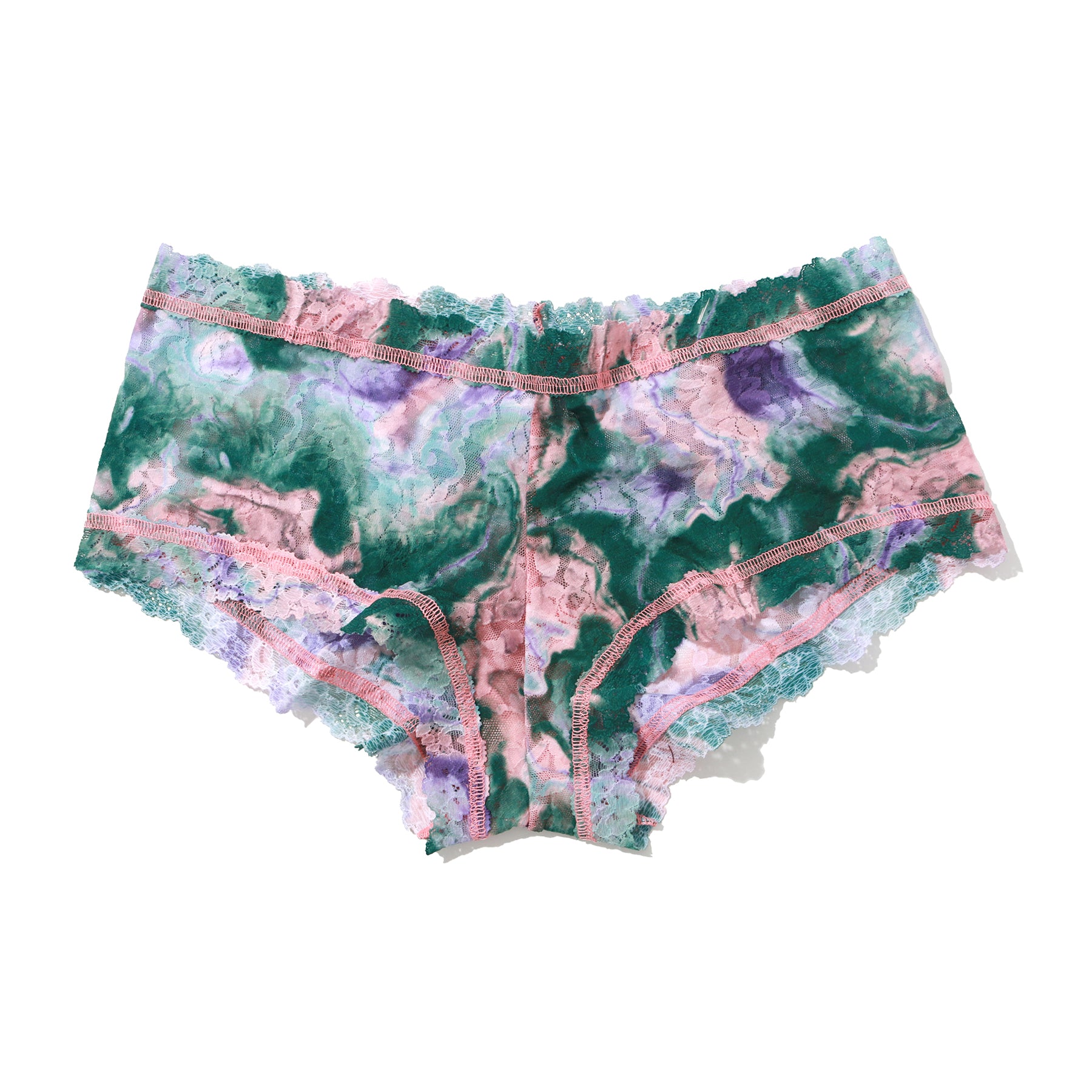 hanky panky printed lace boyshort in tie dye pink green painter flat lay