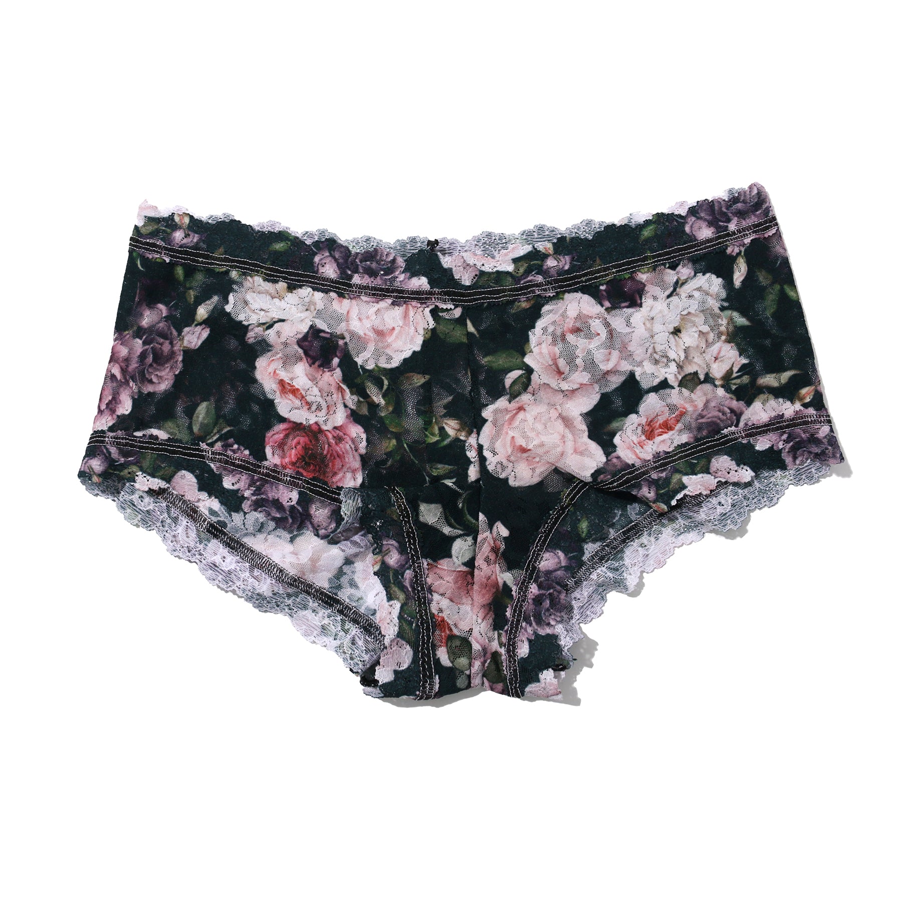 hanky panky printed lace boyshort in black floral romantique flat lay