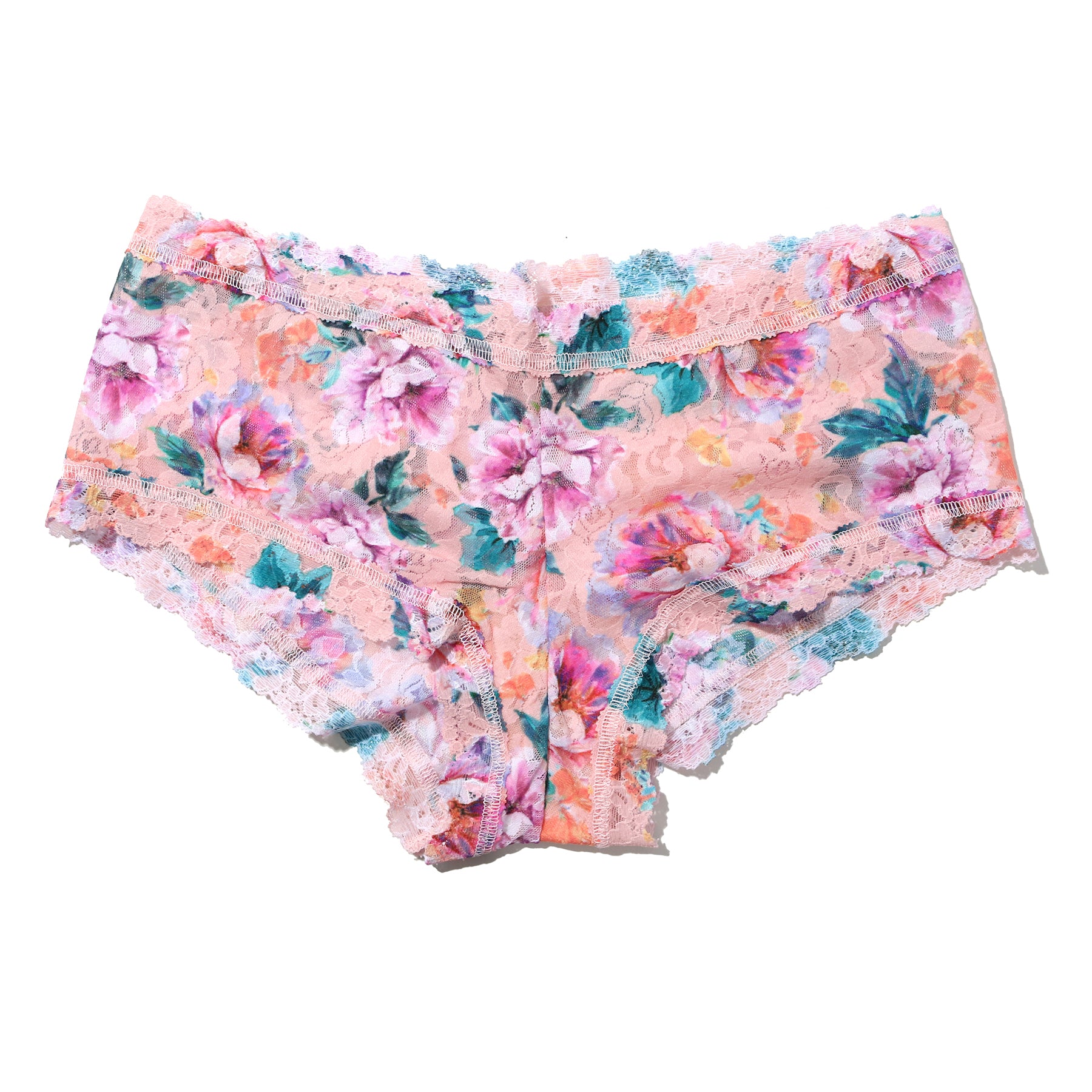 Hanky Panky Lace Boyshort in Buy Myself Flowers – soft stretch lace boyshort with multicolour floral print and scalloped edges.