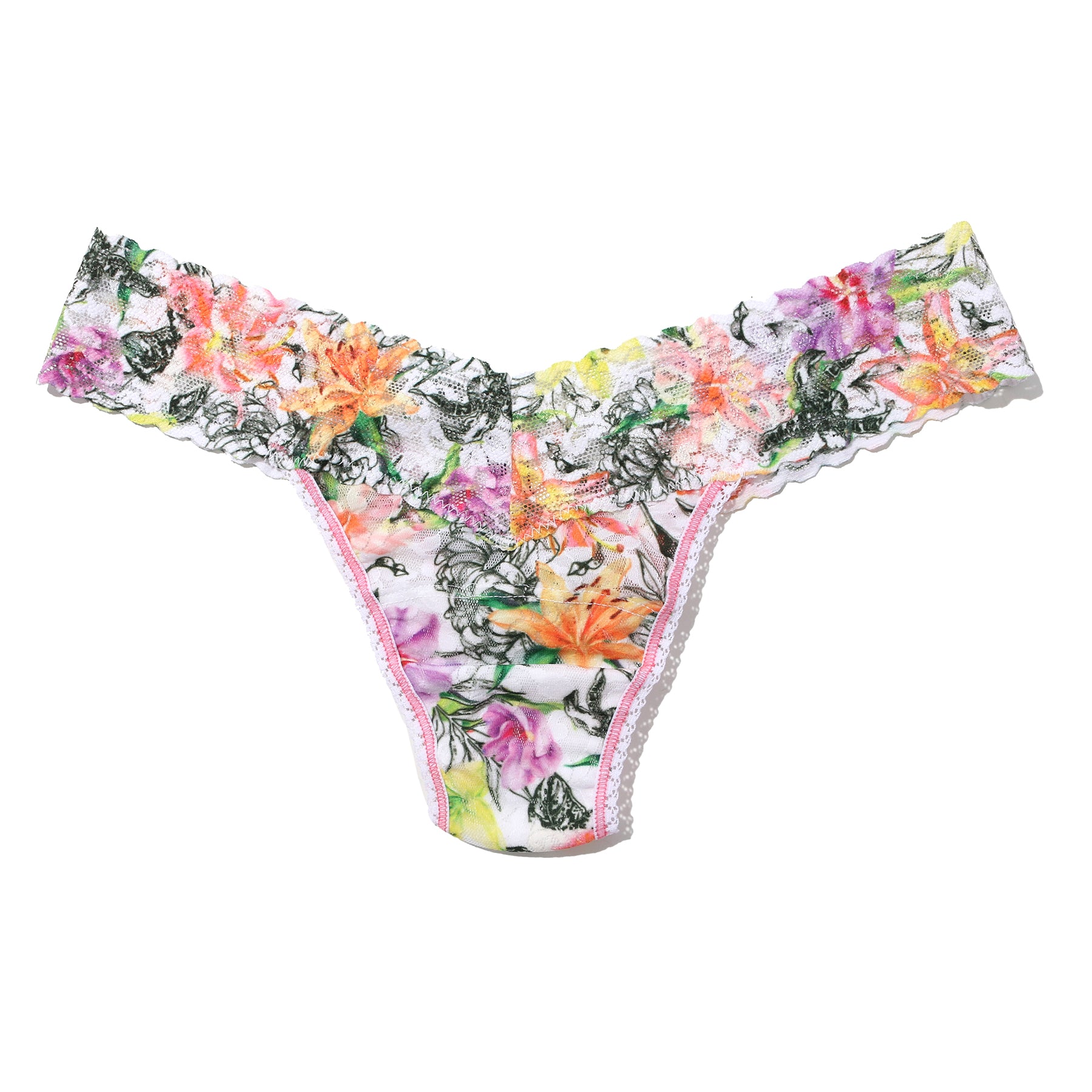 Hanky Panky printed lace low rise thong in botany; orange, purple, green multi floral on a white background. Front view without model.