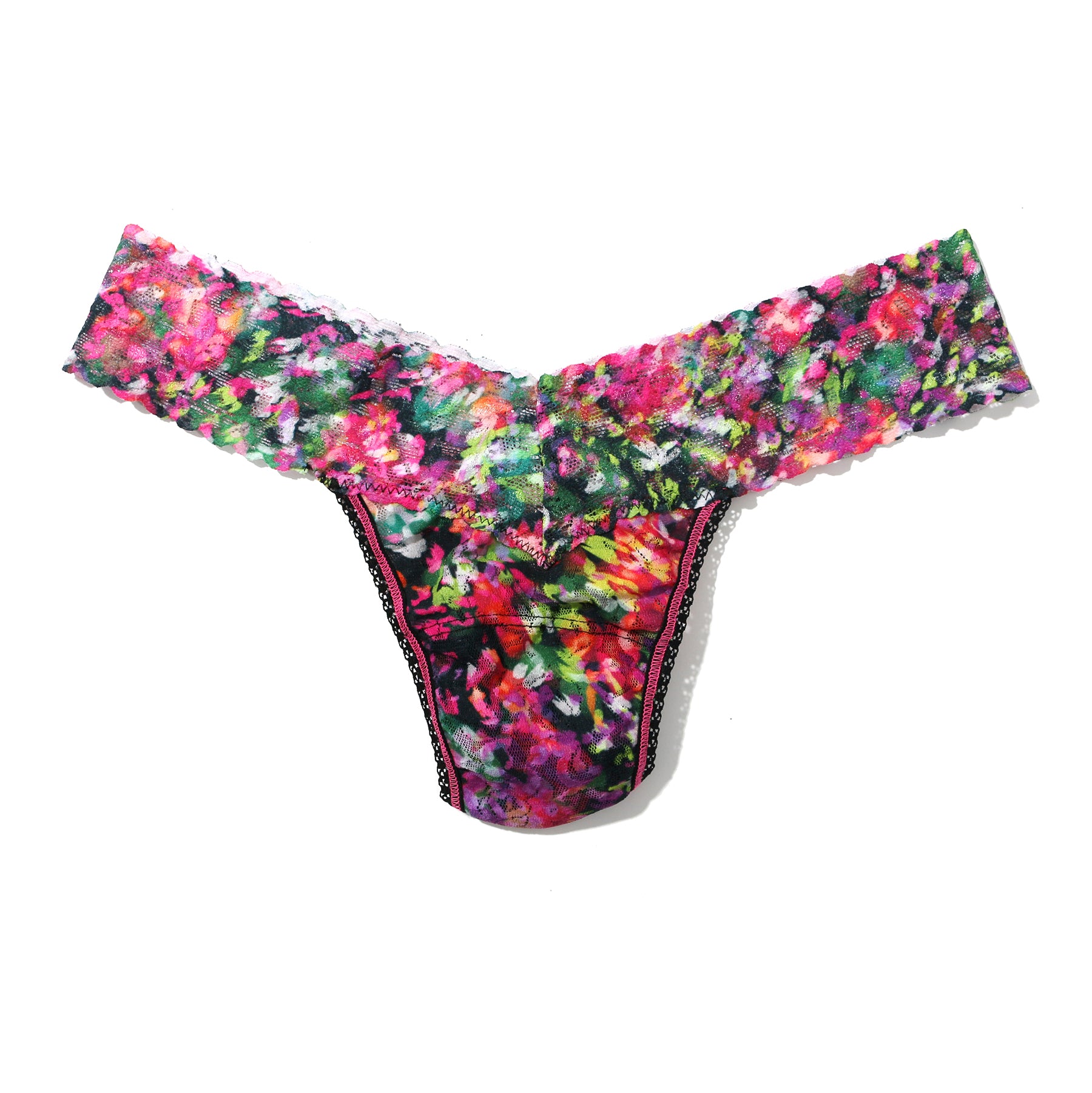 Low rise printed lace thong in Celebration multicolour floral print on a dark background. Front view without model.