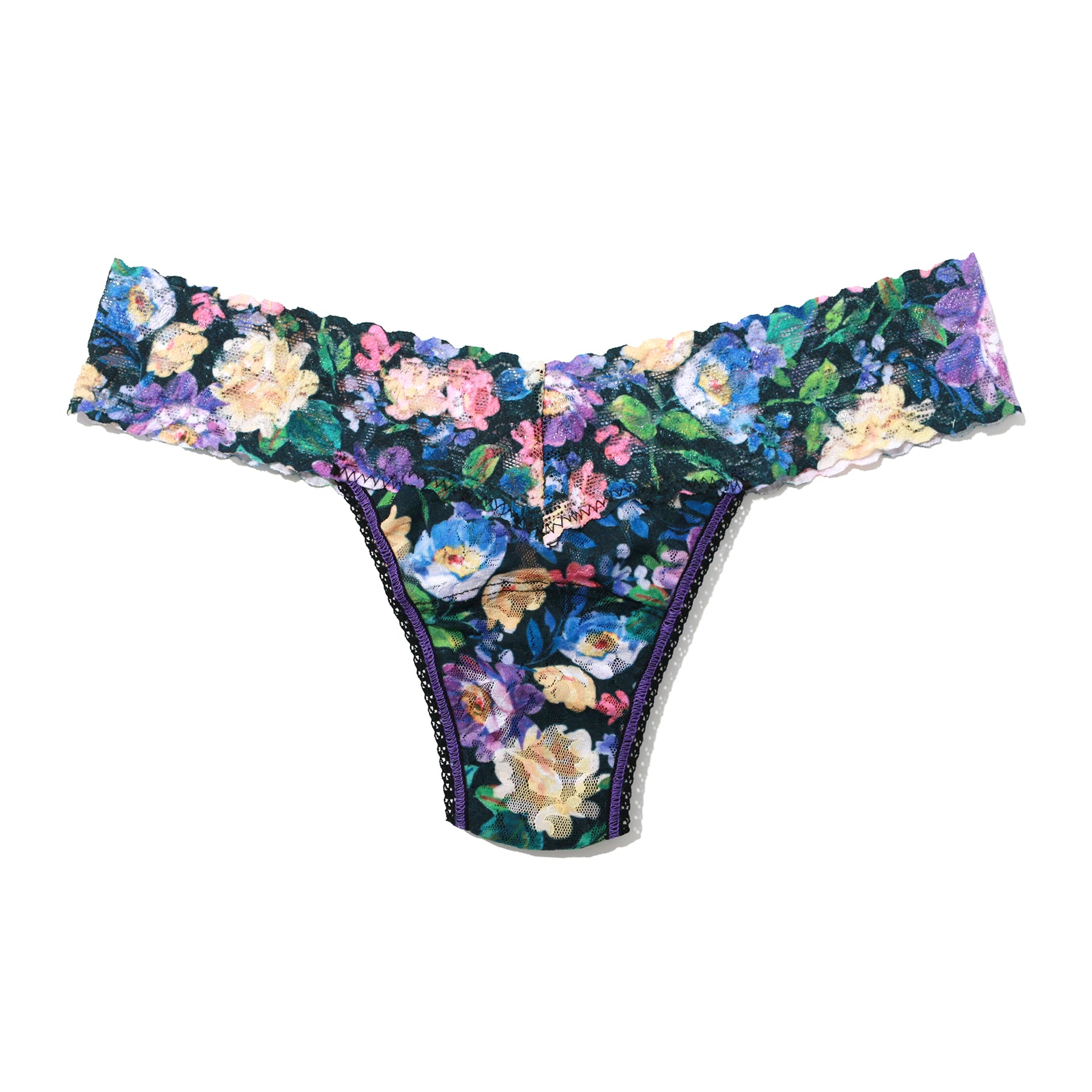 hanky panky printed lace low rise thong in multicolour floral print on a black background dreamgarden flat lay