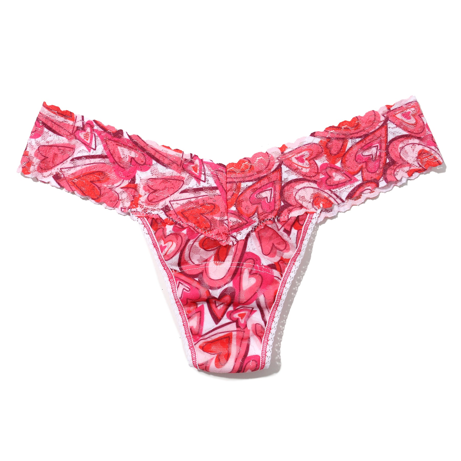 Lots of love pink and red heart printed lace low rise thong. Front view without model.