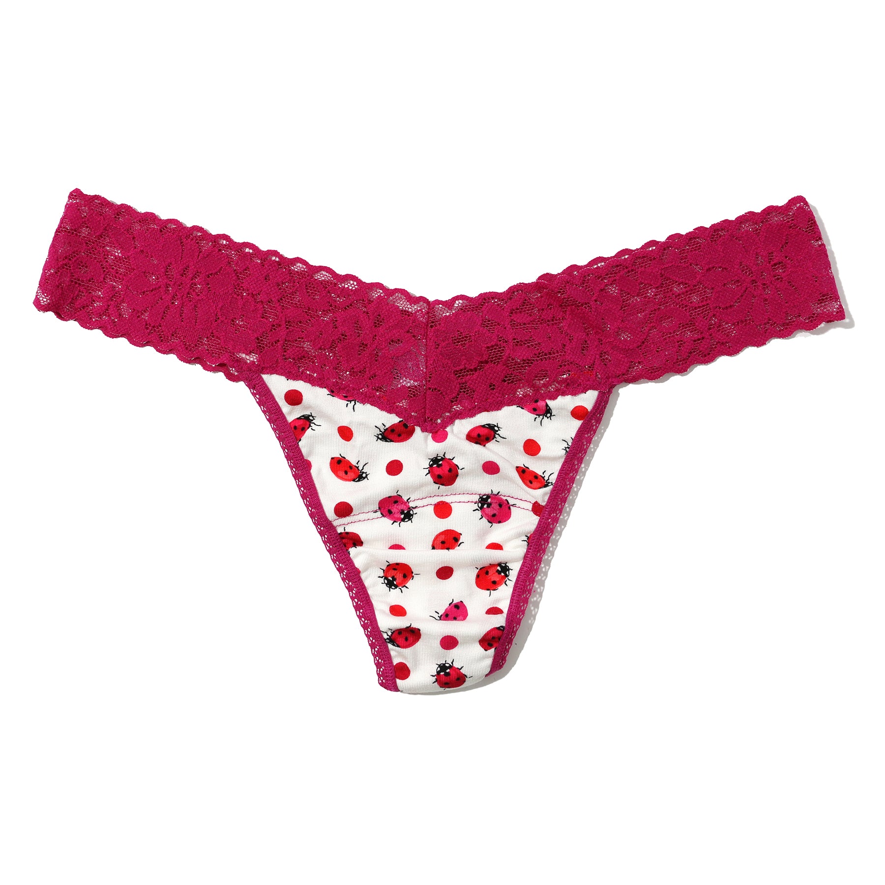 Do or Dot ladybug print low rise thong with contrasting magenta lace trim. Front view without model.