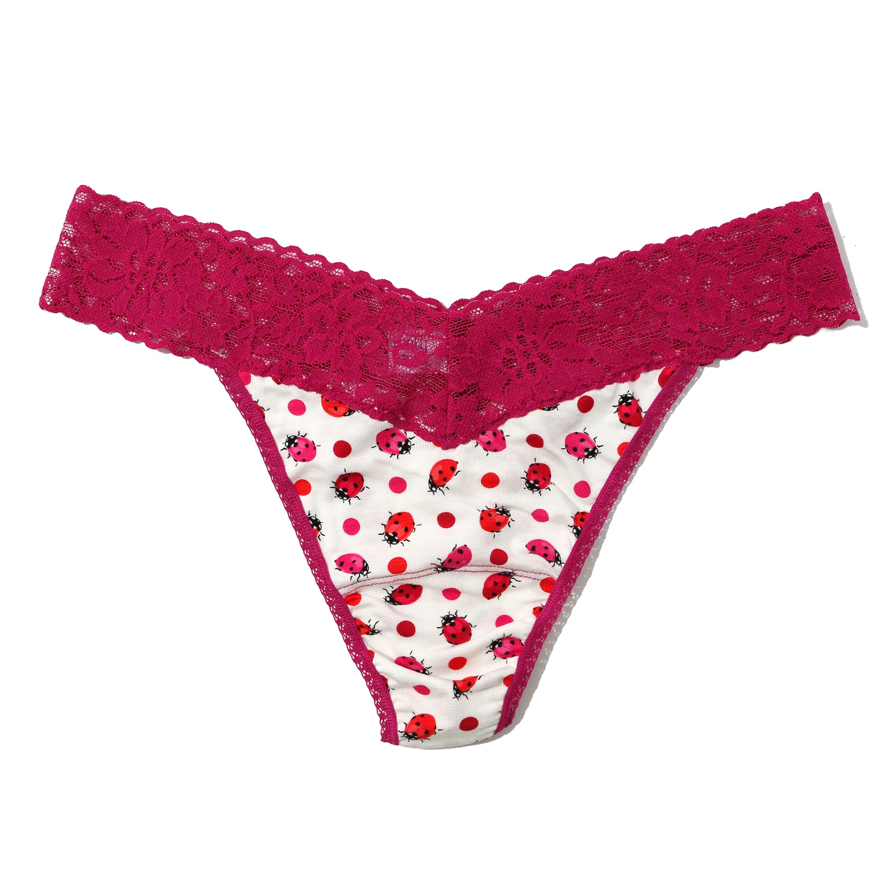 Do or Dot ladybug print original rise thong with contrasting magenta lace trim. Front view without model.