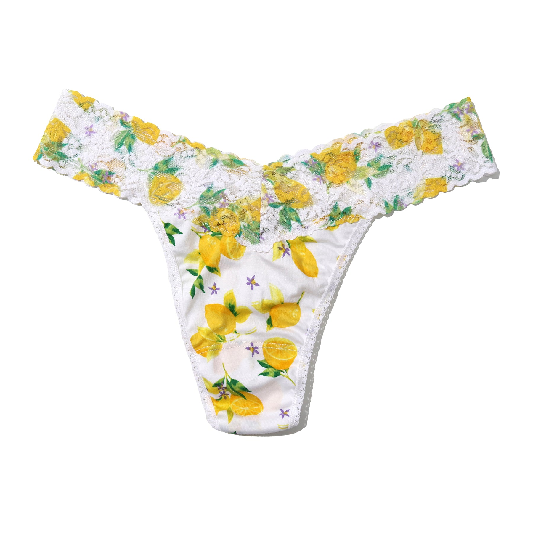 Hanky Panky Supima® Cotton original rise thong in make lemonade, yellow lemon print on a white background, flat lay without model.