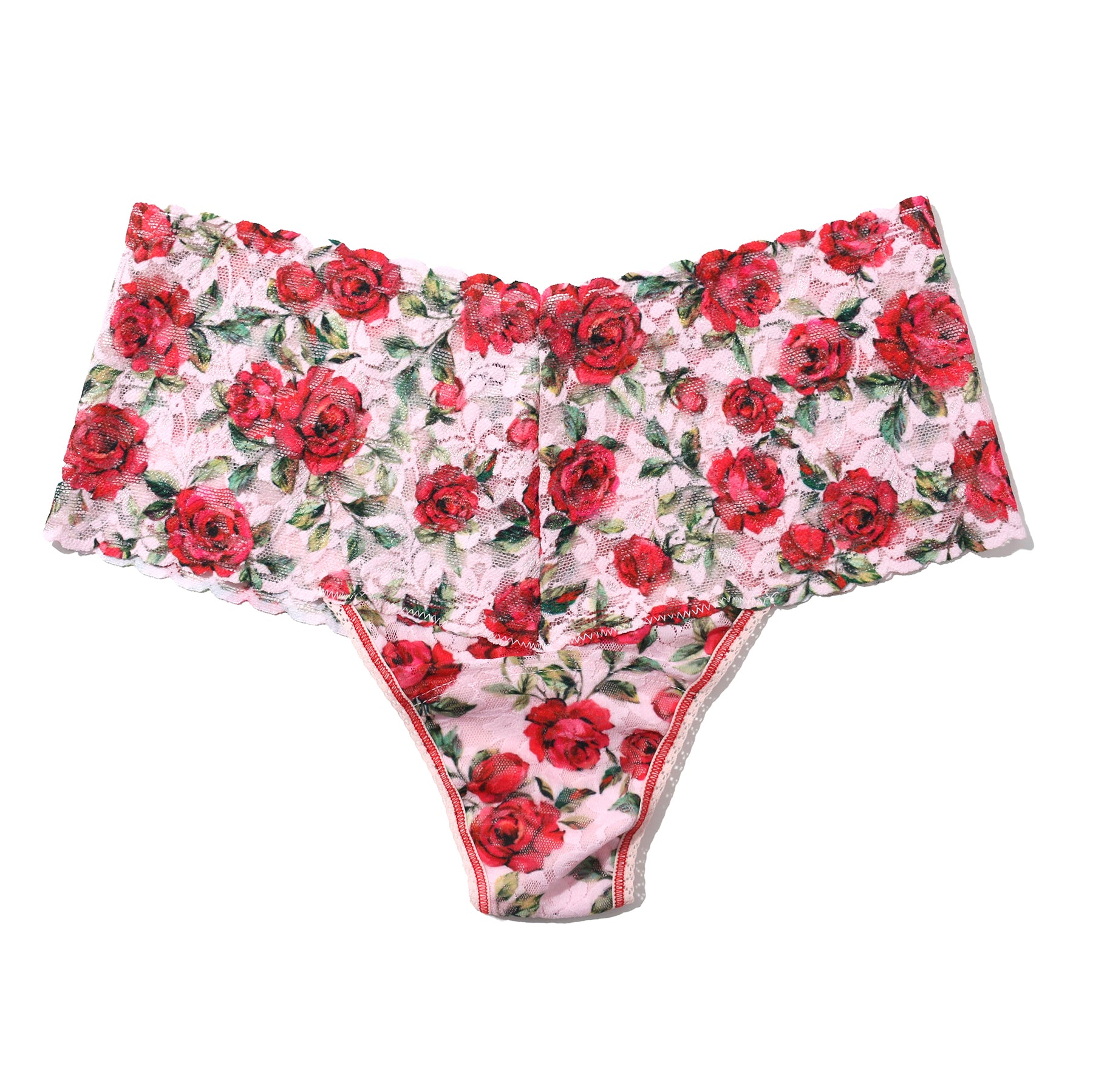 Je t'aime floral red/green rose printed lace retro rise thong on a light pink background. Front view without model.