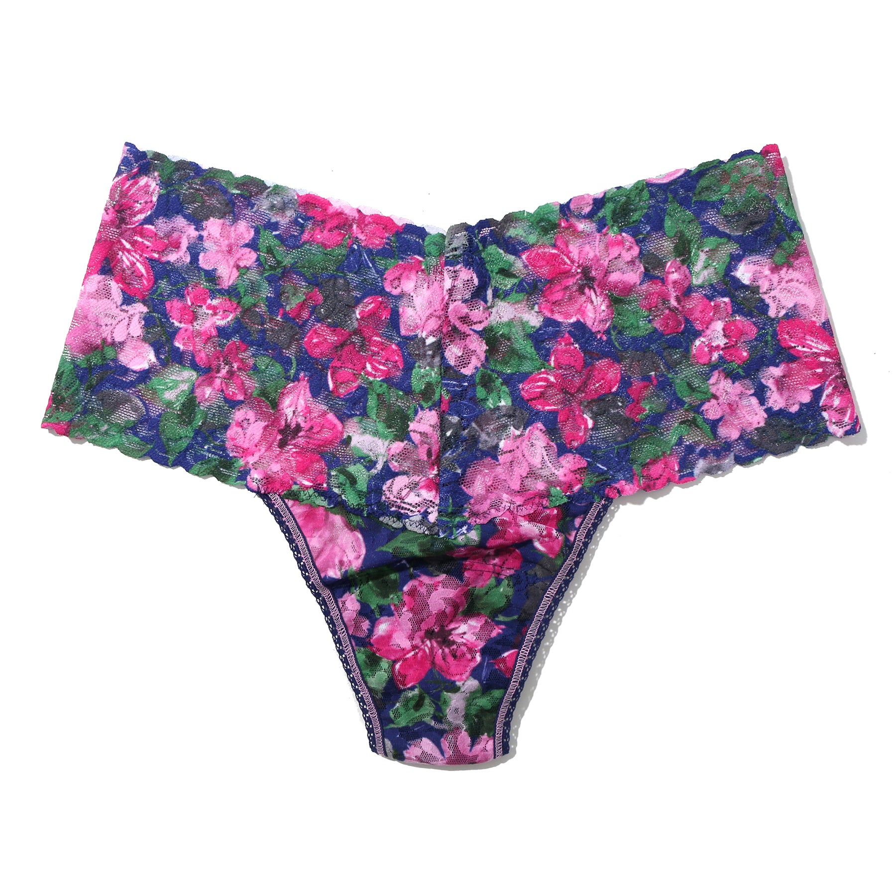 Wide band printed lace high rise thong with pink and green florals on a navy background. Flay lay without model.