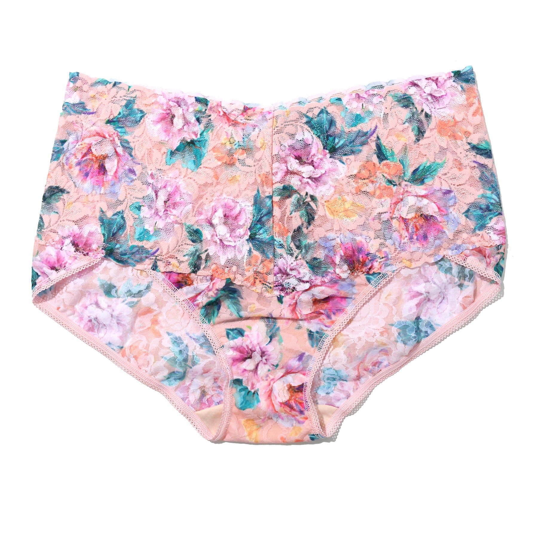 Hanky Panky V-kini Retro Brief in Buy Myself Flowers – high-rise floral lace brief with full coverage and soft scalloped trim.