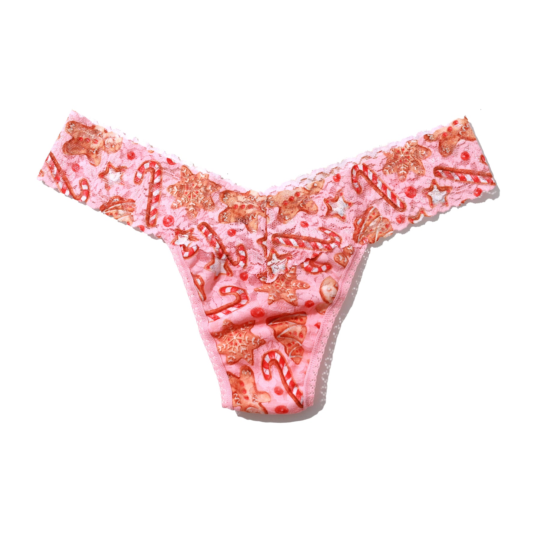 hanky panky printed lace low rise thong in candy cane gingerbread flat lay