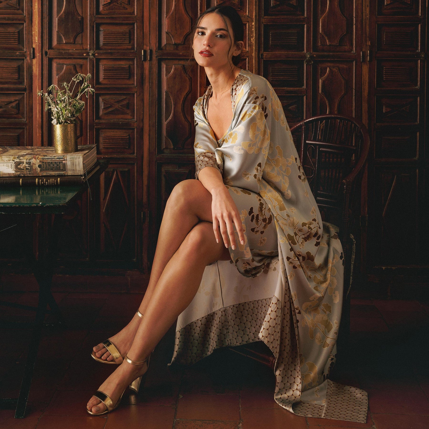 Kazari gold gingko printed silk spaghetti strap chemise. Shown with matching Kobe robe on model.