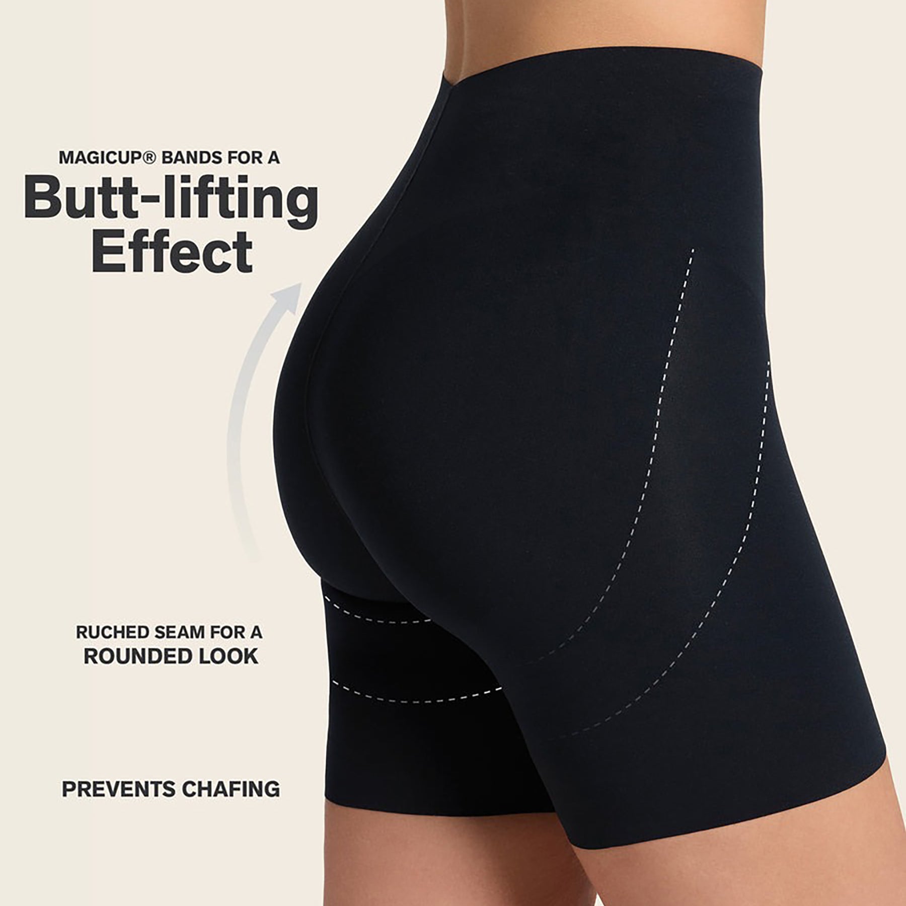 Shaper butt lift shorts in black. Rear view on model closeup.