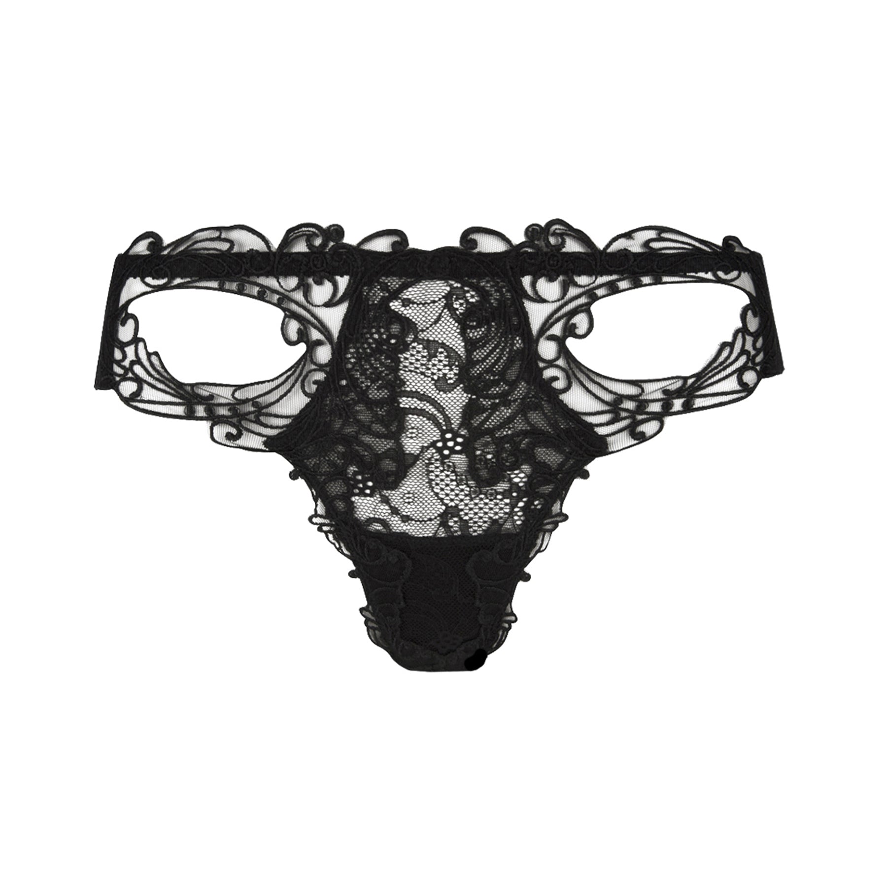 Lise Charmel soir de venise Calais lace thong in black noir diamant. Front view without model.