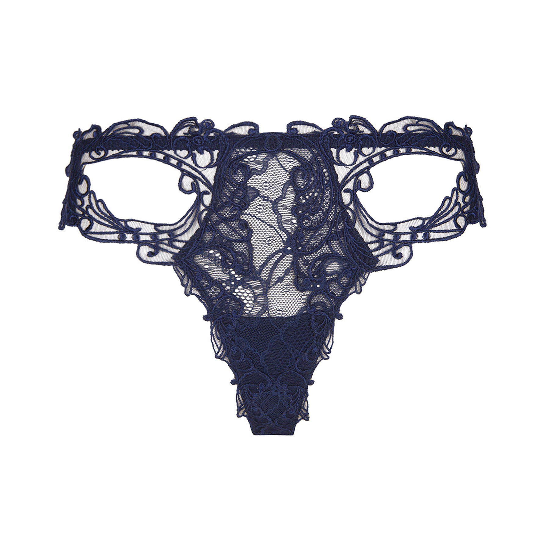 Lise Charmel soir de venise Calais lace thong in navy bleu venise. Front view without model.