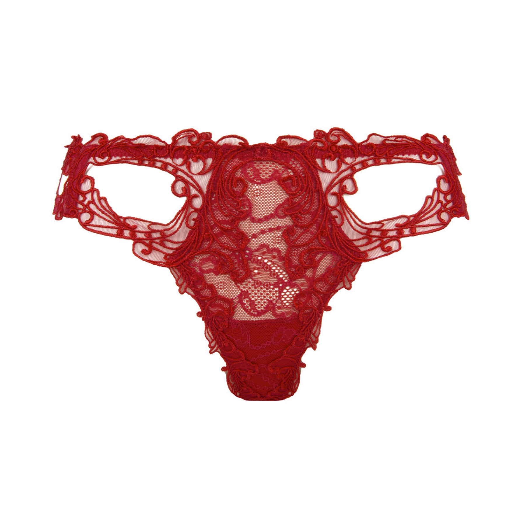 Lise Charmel soir de venise Calais lace thong in red rouge venise. Front view without model.