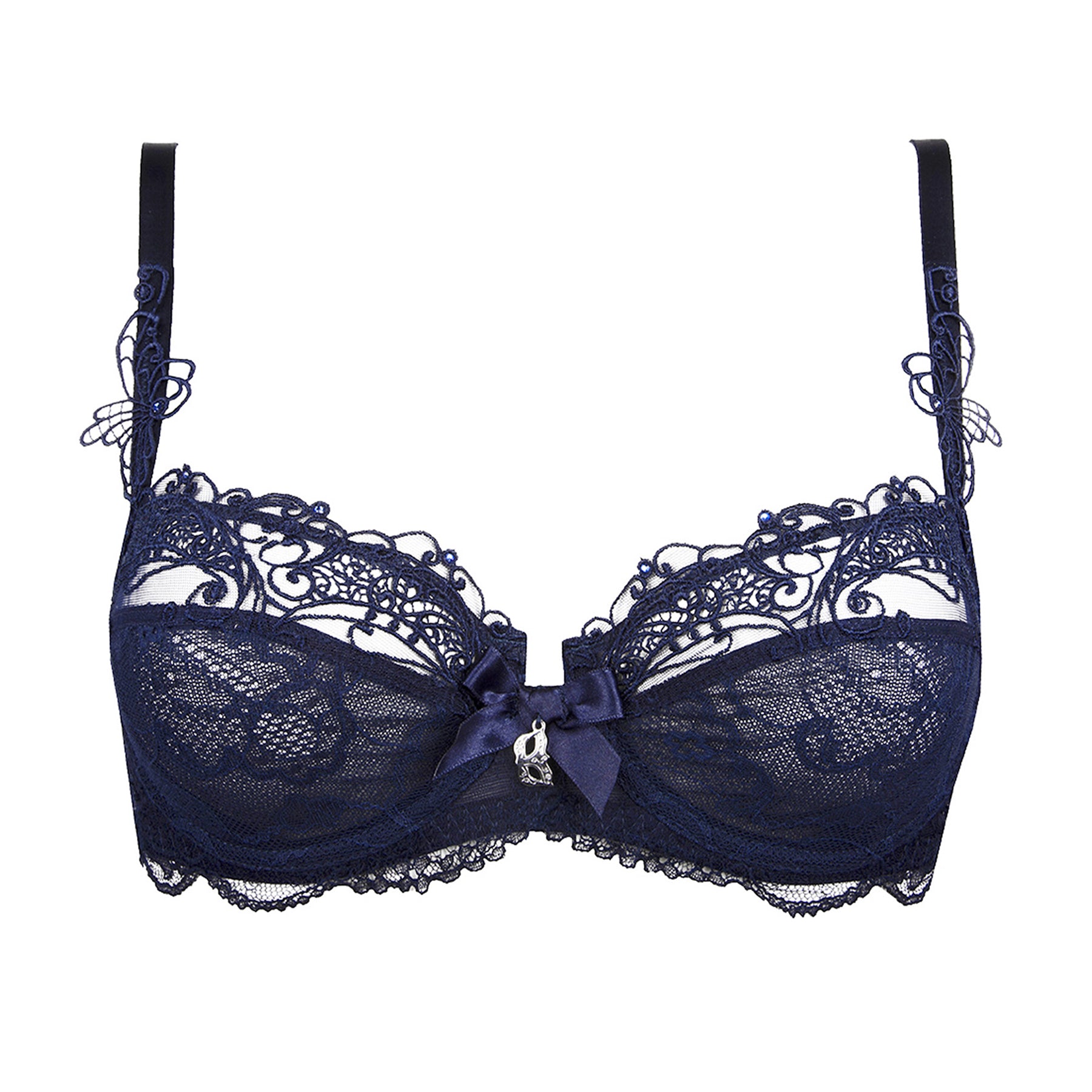 Lise Charmel soir de venise horizontal seam Calais lace demi cup bra in navy bleu venise. Front view without model.