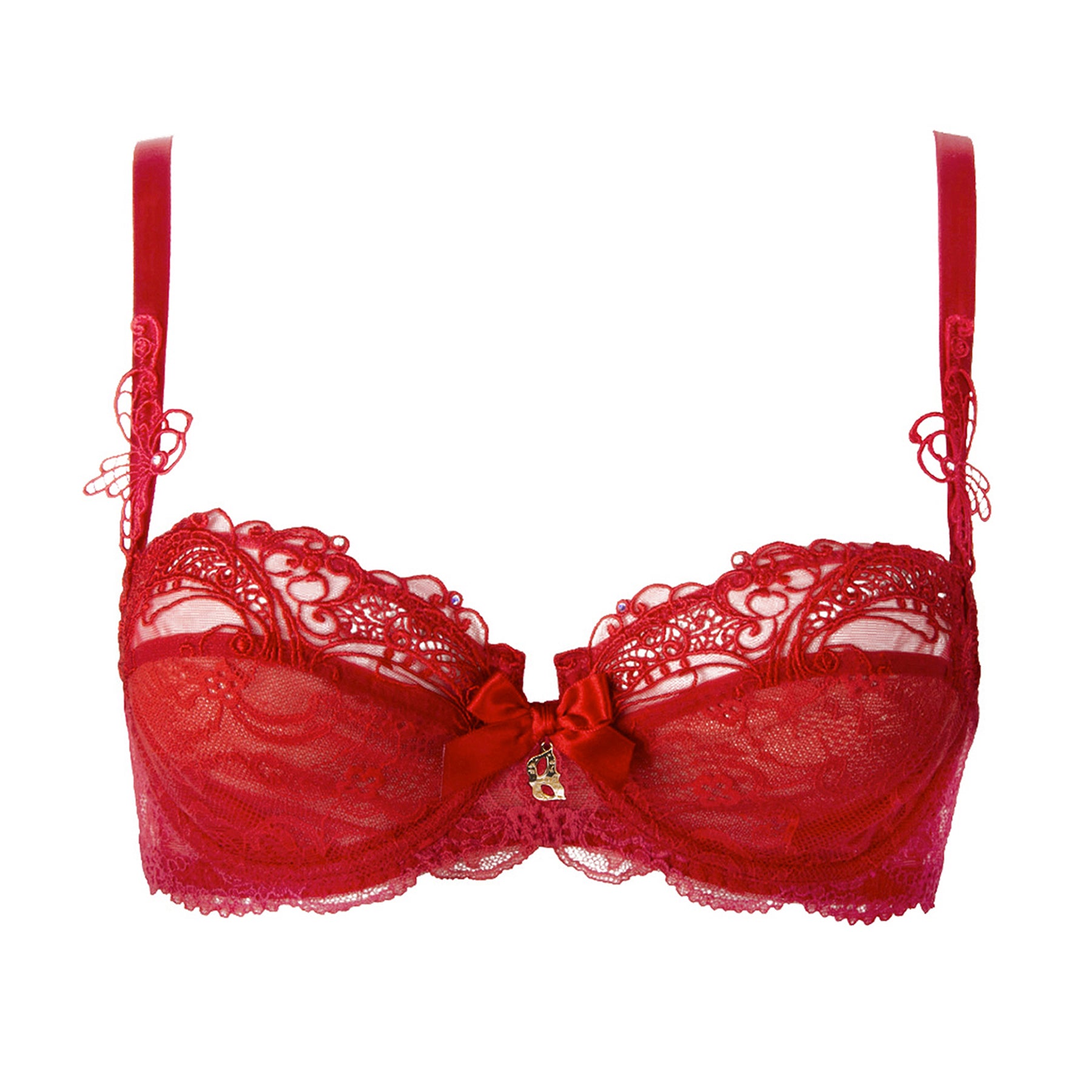 Lise Charmel soir de venise horizontal seam Calais lace demi cup bra in red rouge venise. Front view without model.