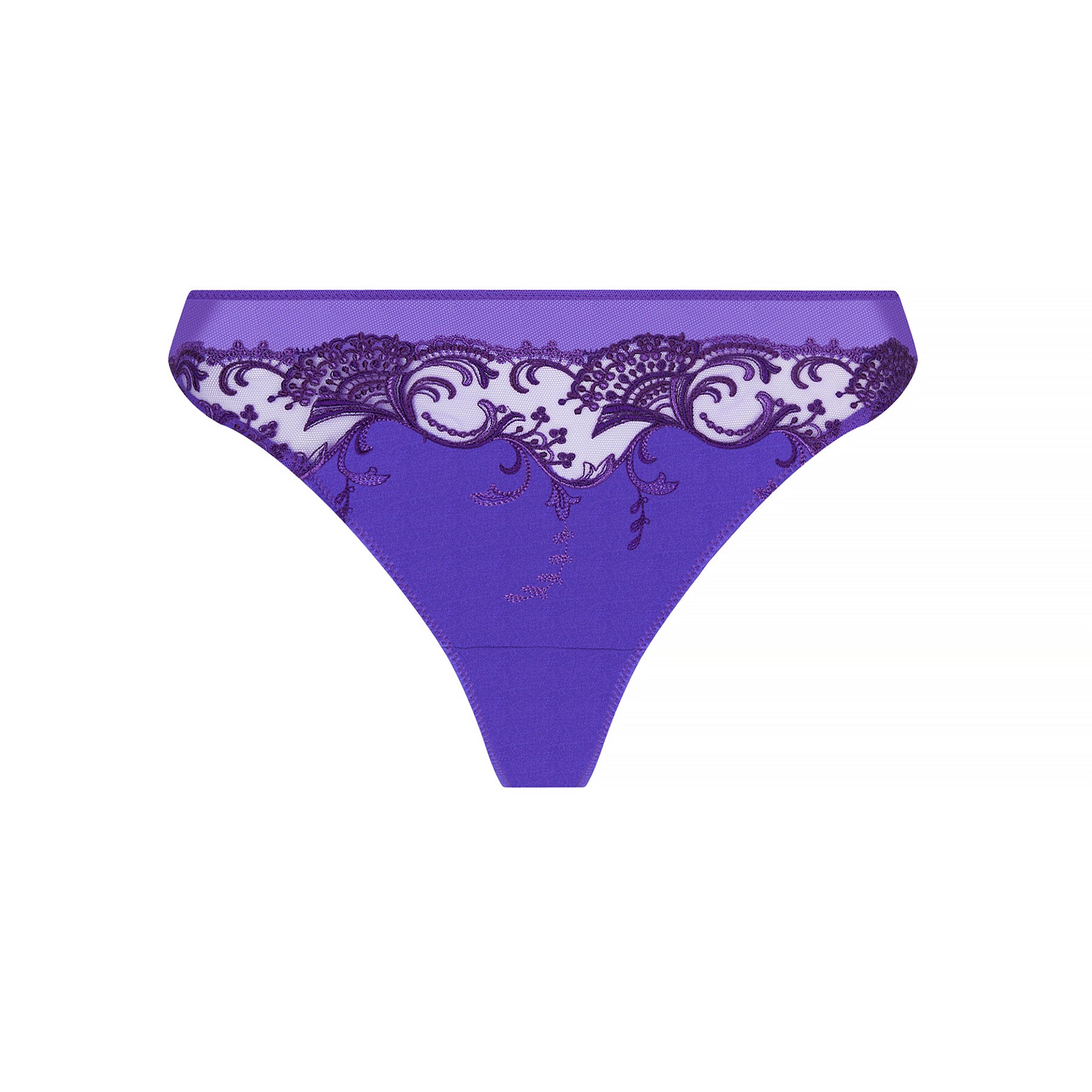 Thong panty in purple ocean blue with embroidery detail on silk and tulle. Front view no model.