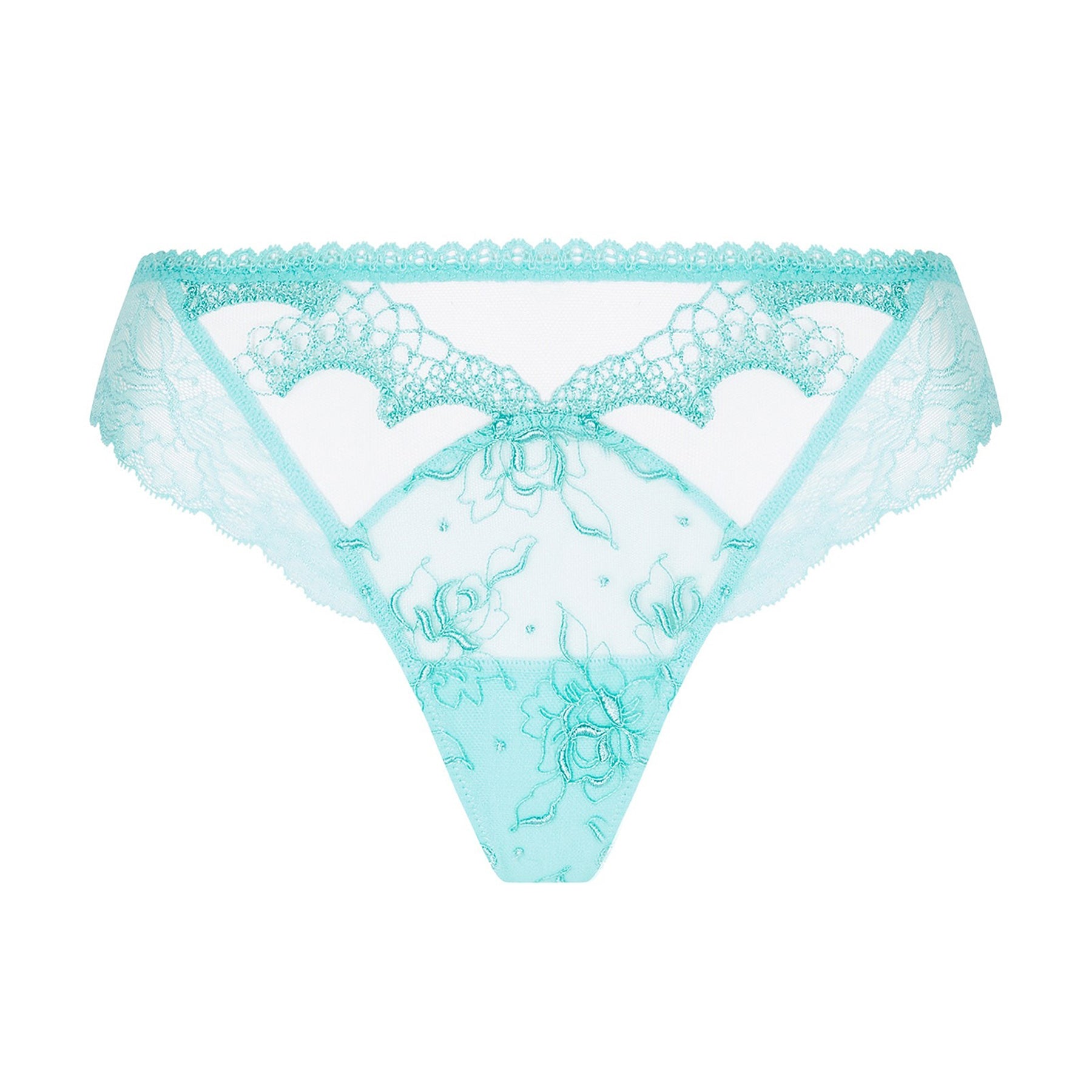 Tulle mesh thong in aqua with embroidered tulle detail. Front view without model.