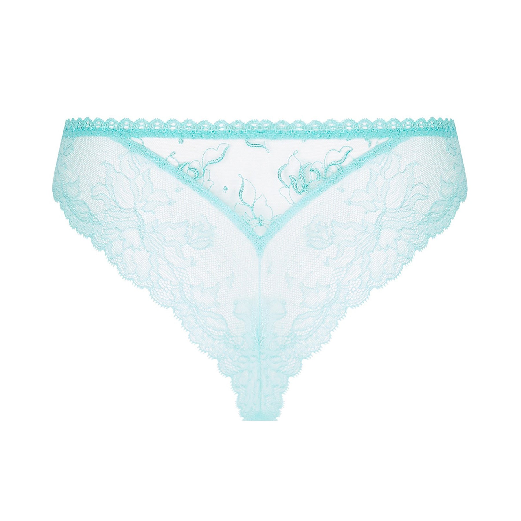 Tulle mesh thong in aqua with embroidered tulle detail. Rear view without model.