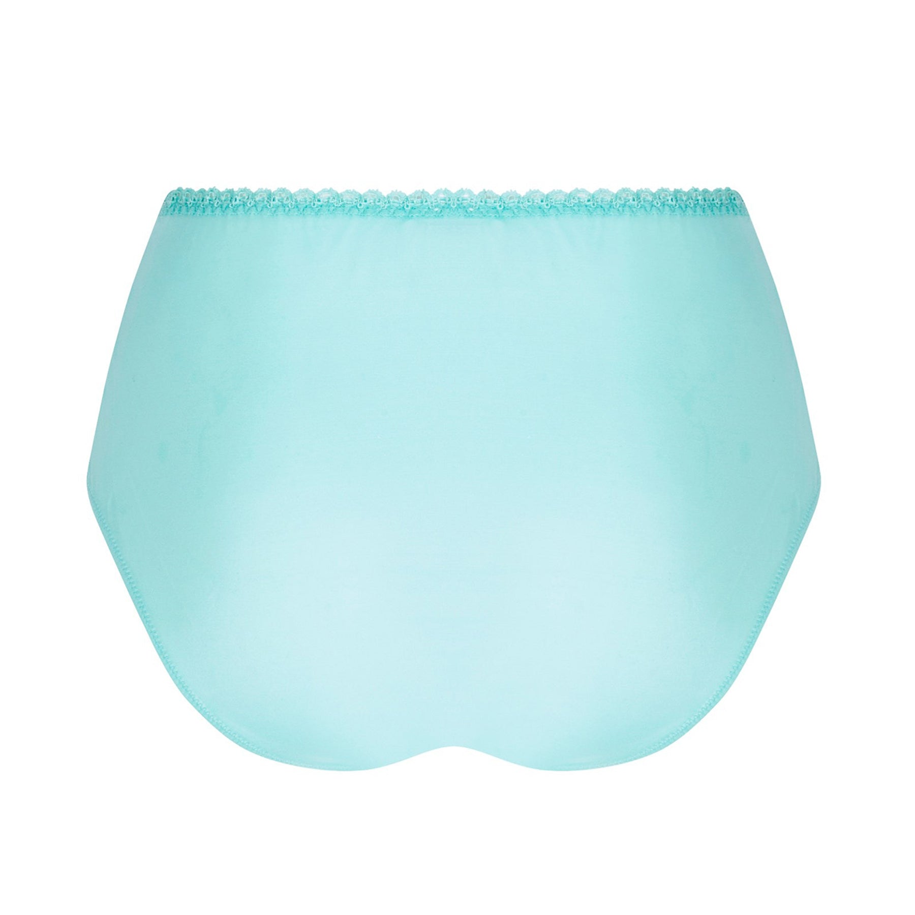 Tulle mesh high waisted brief in aqua with embroidered tulle detail. Rear view without model. Rear is in solid satin.