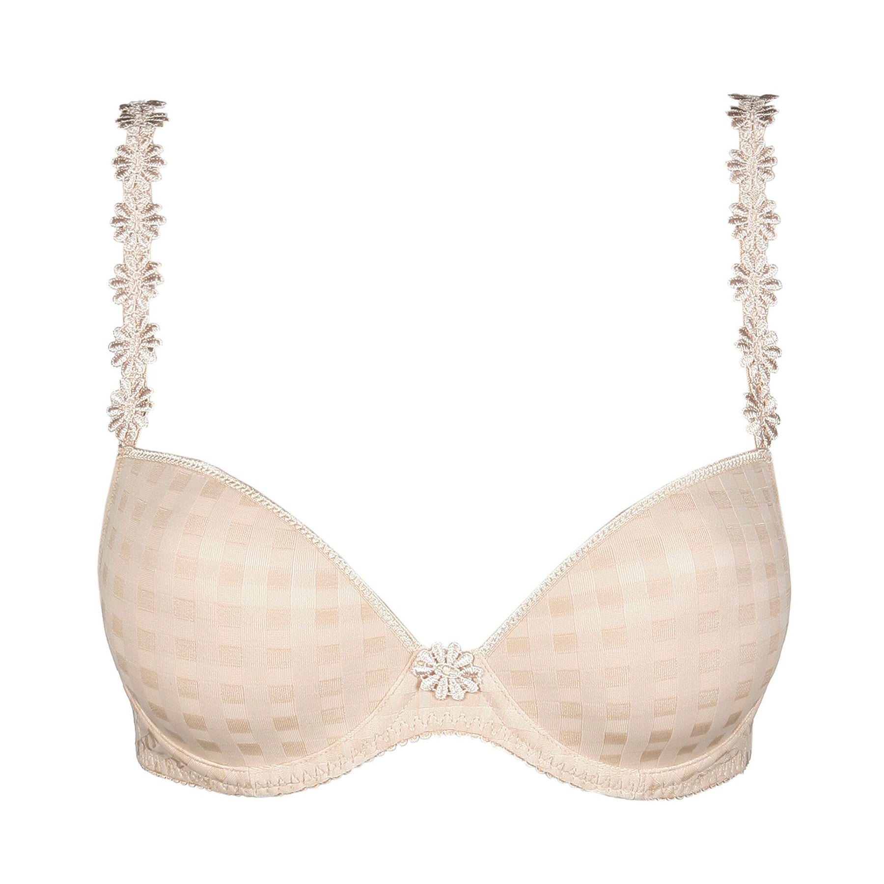 Padded plunge bra in nude cafe latte with checkerboard print and embroidered daisy straps. Front view without model. 