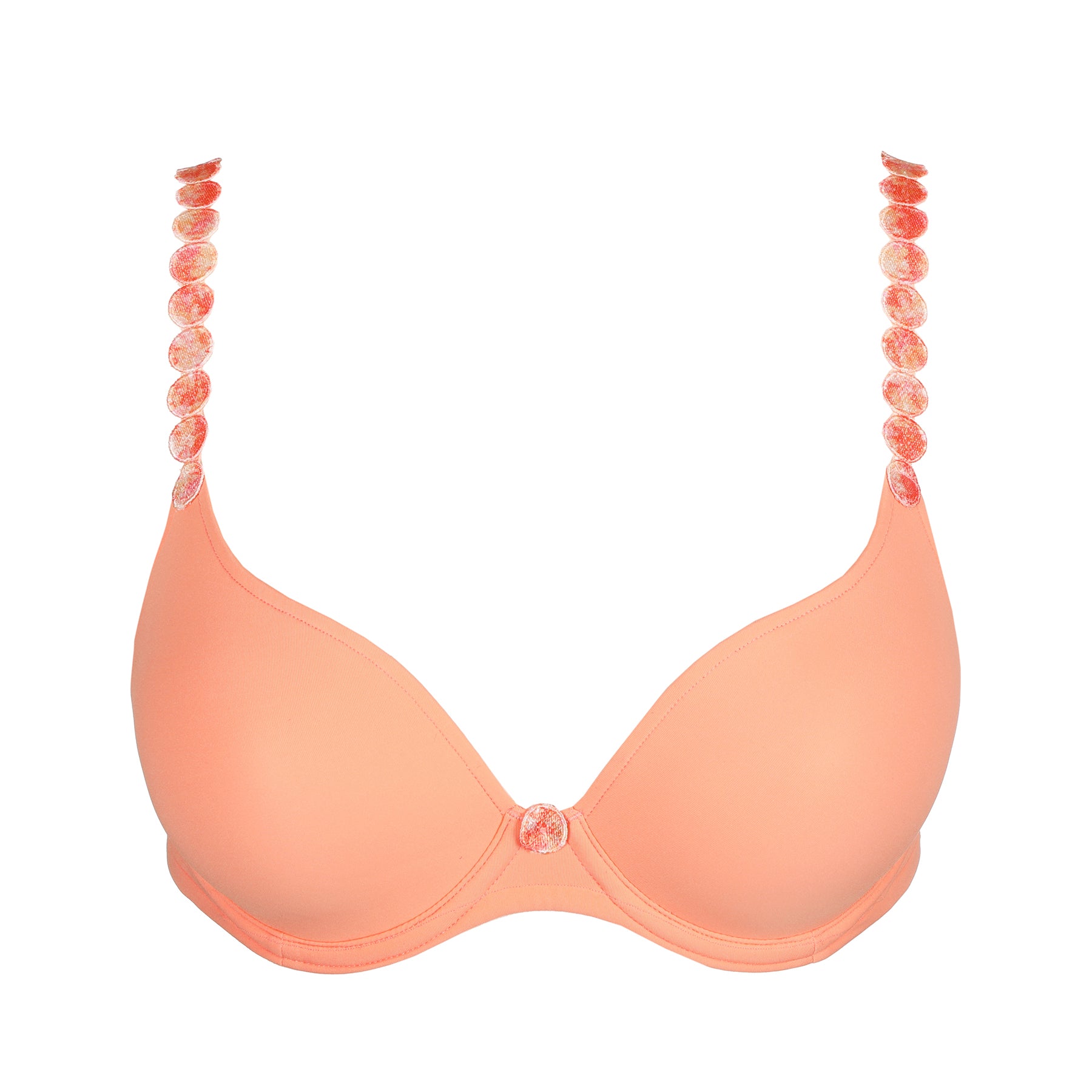 Seamless padded plunge heart shaped bra in papaya smoothie orange peach. Front view without model shown with straps worn normally.