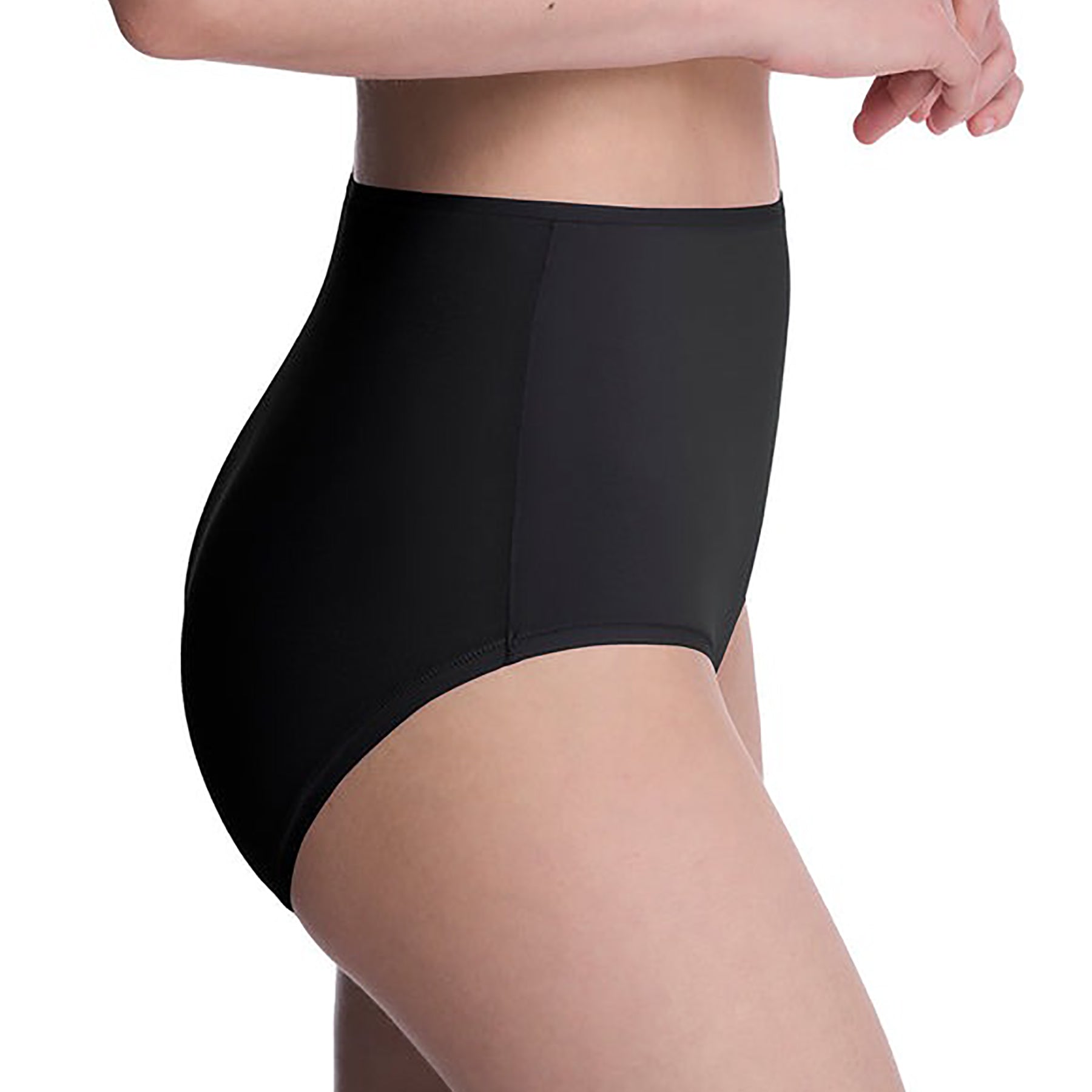 Seamless pima cotton high-rise full brief in black. Side view close up on model.