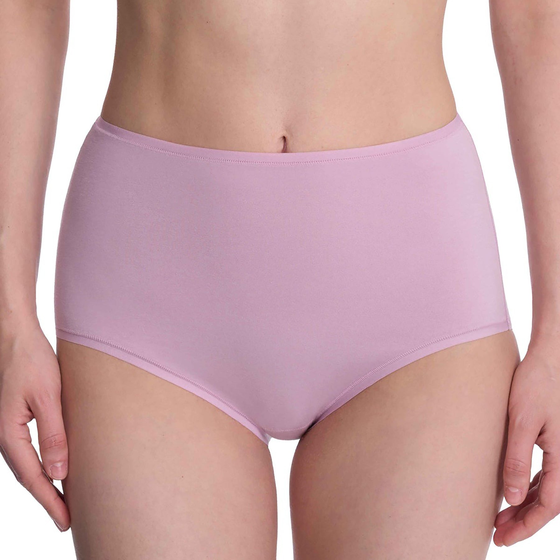 Seamless pima cotton high-rise full brief in rose mist dusty rose purple. Front view close up on model.