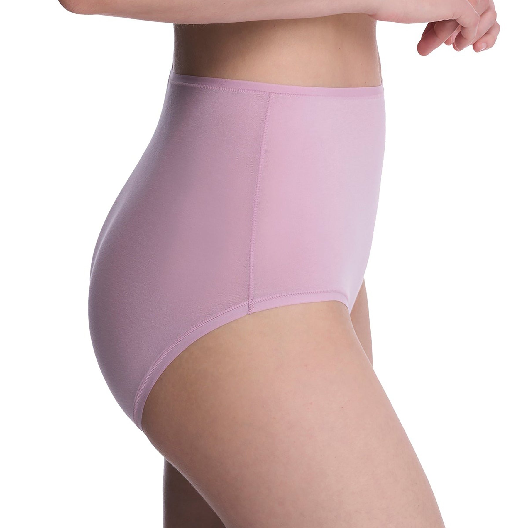 Seamless pima cotton high-rise full brief in rose mist dusty rose purple. Side view close up on model.