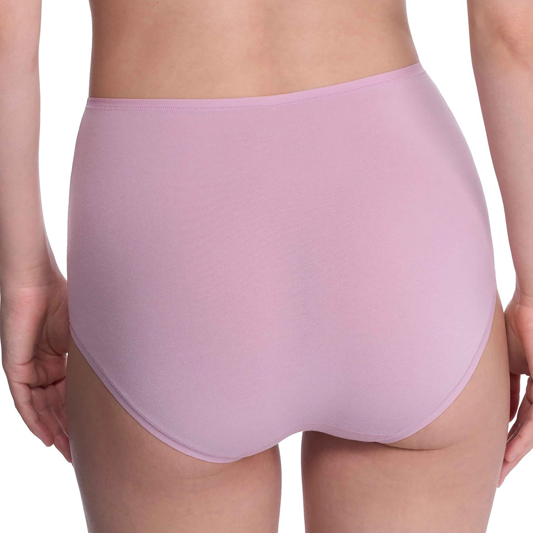 Seamless pima cotton high-rise full brief in rose mist dusty rose purple. Rear view close up on model.