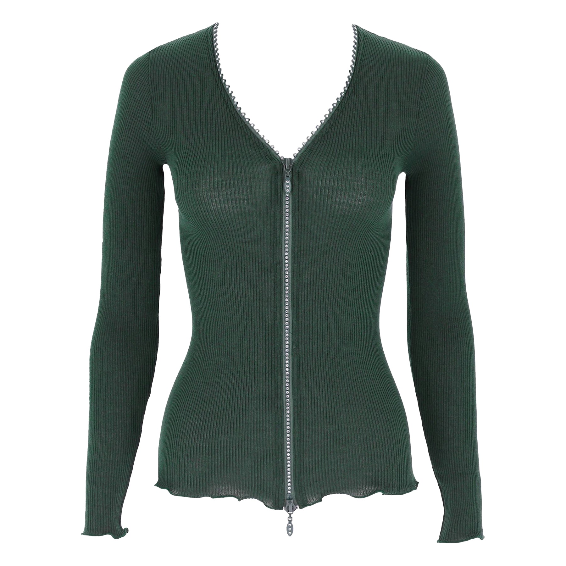 Long sleeve wool and silk blend ribbed top with zipper and rhinestone neck detail in dark green bosco. No model.